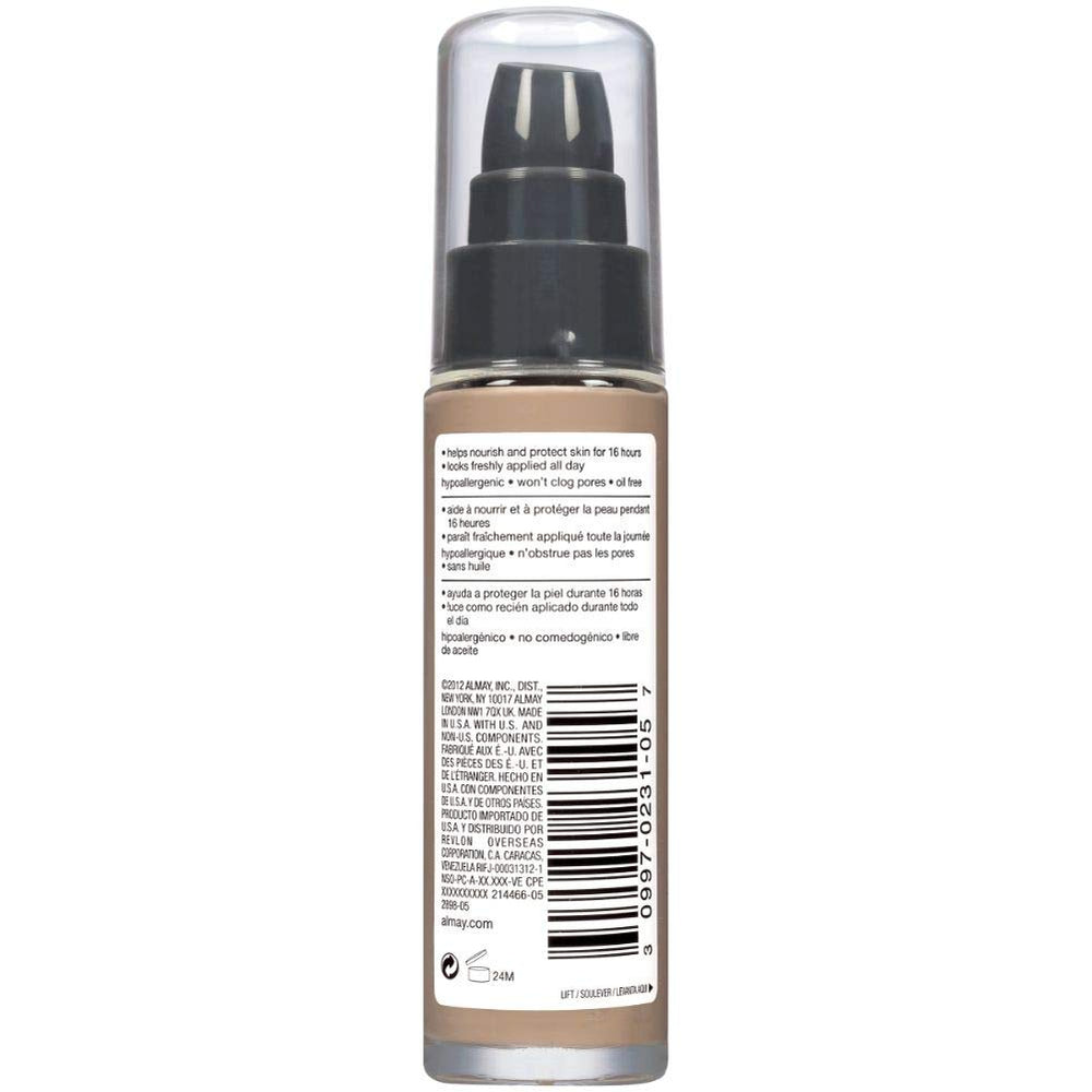 Almay liquid foundation cruelty-free and dermatologist-tested label on product.