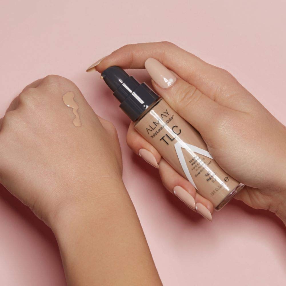 Almay liquid foundation packaging and label emphasizing hypoallergenic and cruelty-free claims.