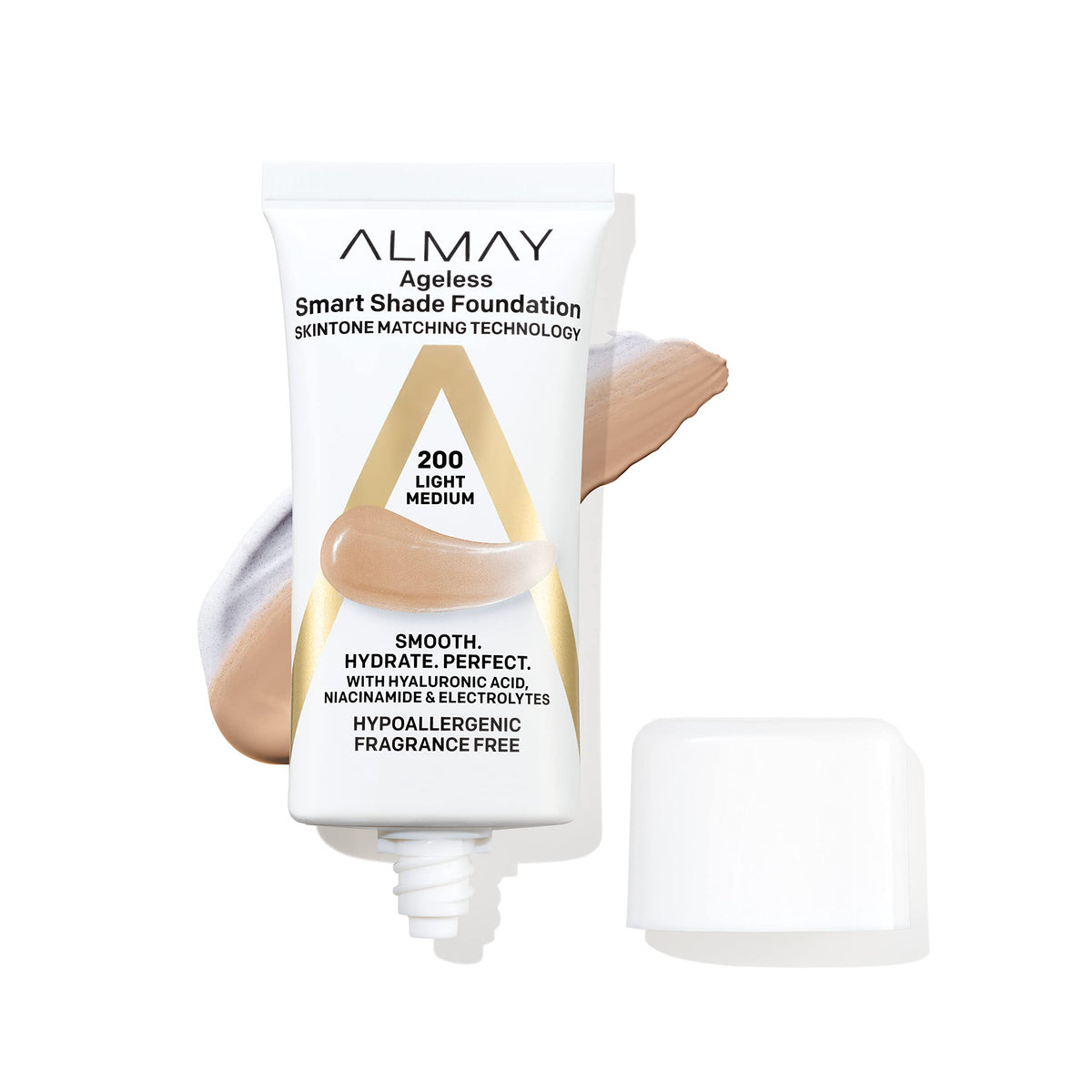 Almay Smart Shade Foundation bottle closeup shows color-matching formula for even skin tone