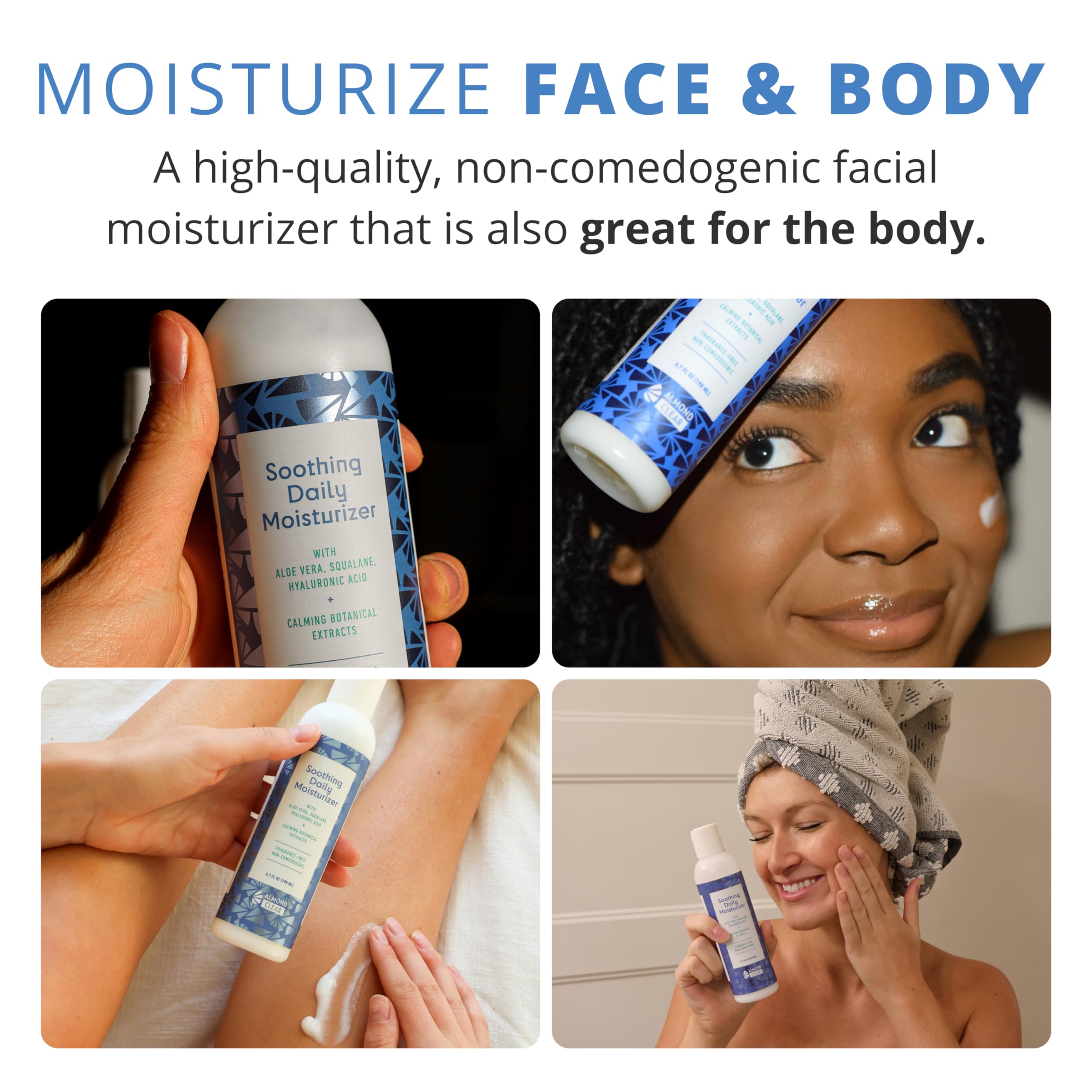 Almond Clear body-application demonstrates versatile hydration from head to toe
