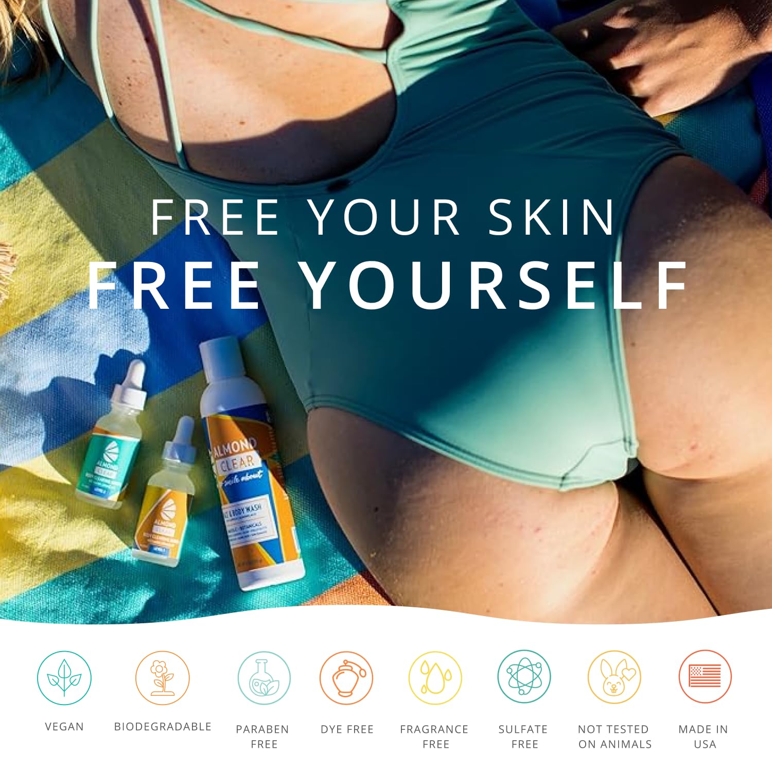 Almond Clear body clearing serum back-area focus conveys clearer-looking skin.
