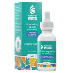 Almond Clear Body Clearing Serum bottle shows mandelic acid for smoother skin.