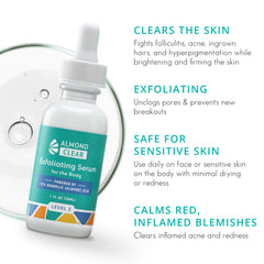 Almond Clear serum label highlights Level 2 body formulation for acne-prone areas.