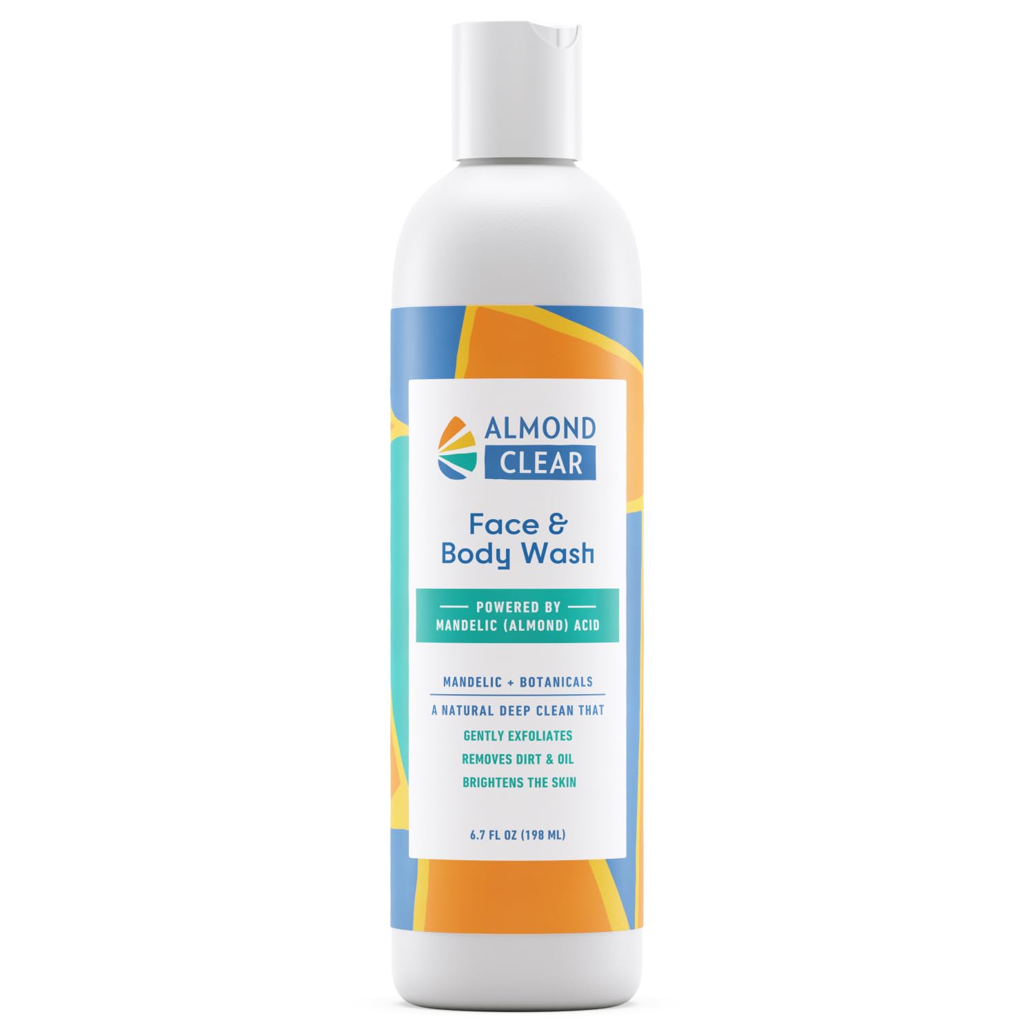Almond Clear Face & Body Wash bottle pour showing gentle mandelic acid exfoliation