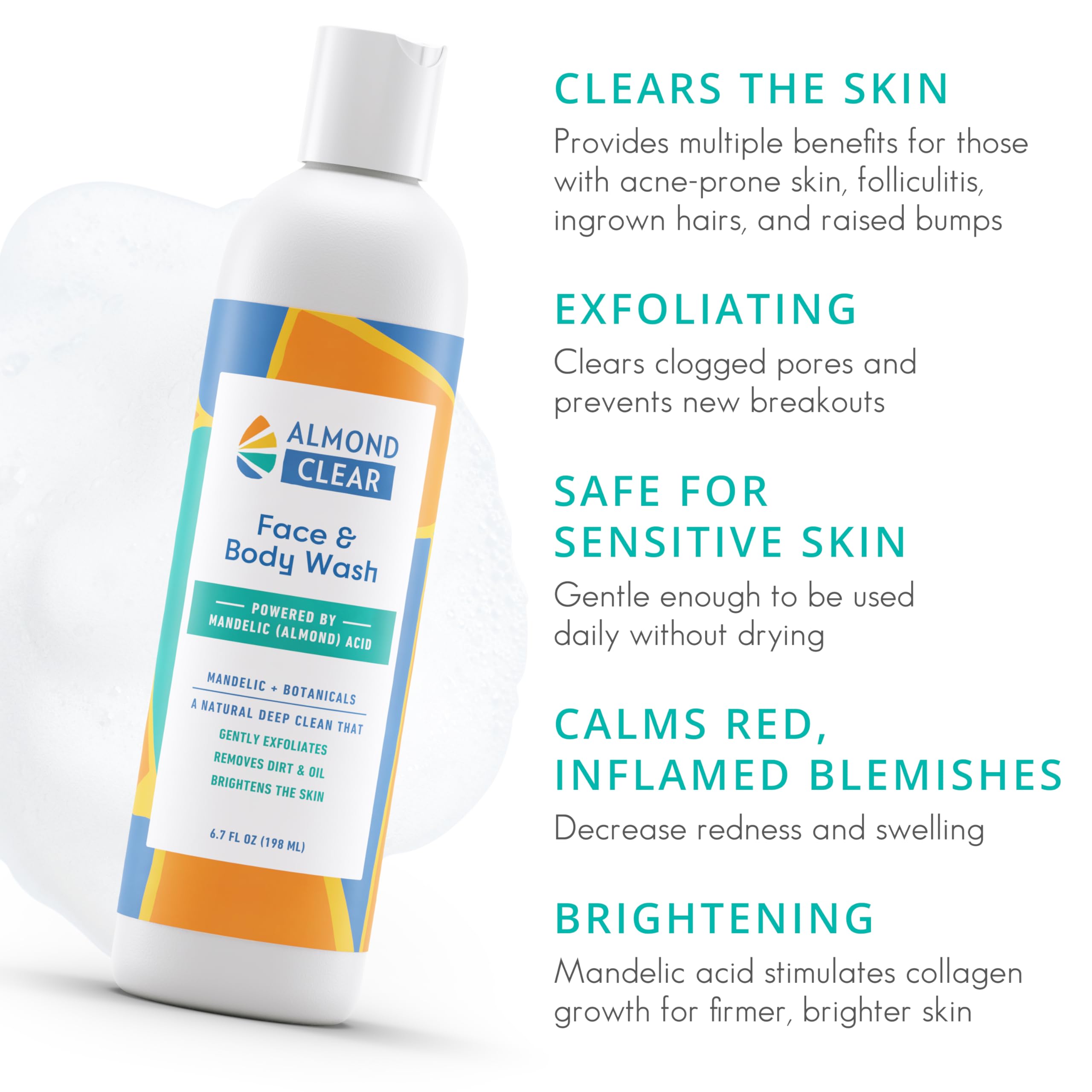 Almond Clear Face & Body Wash foaming lather demonstrates nourishing cleanse for acne-prone skin