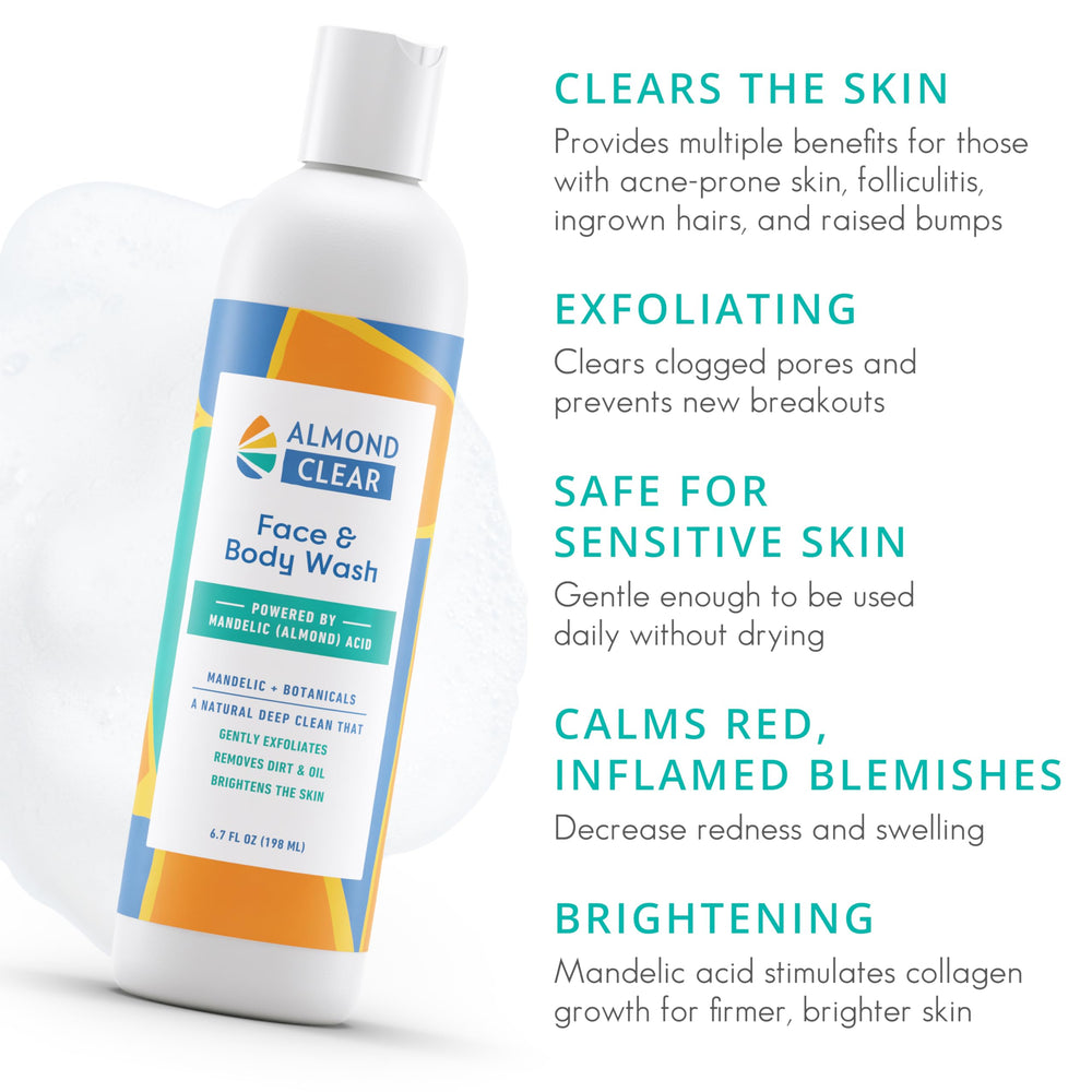 Almond Clear Face & Body Wash foaming lather demonstrates nourishing cleanse for acne-prone skin