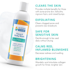 Almond Clear Face & Body Wash foaming lather demonstrates nourishing cleanse for acne-prone skin