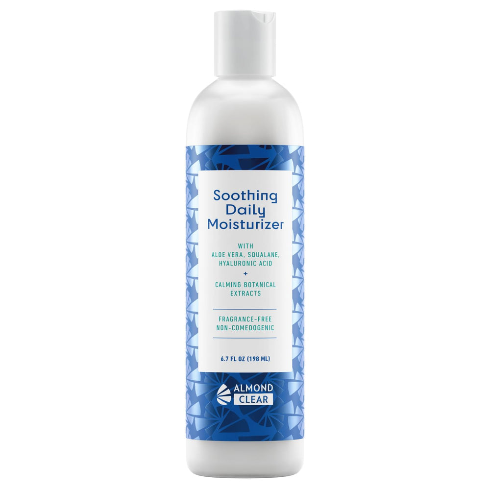 Almond Clear Soothing Daily Moisturizer bottle pump offers quick, lightweight hydration for acne-prone skin