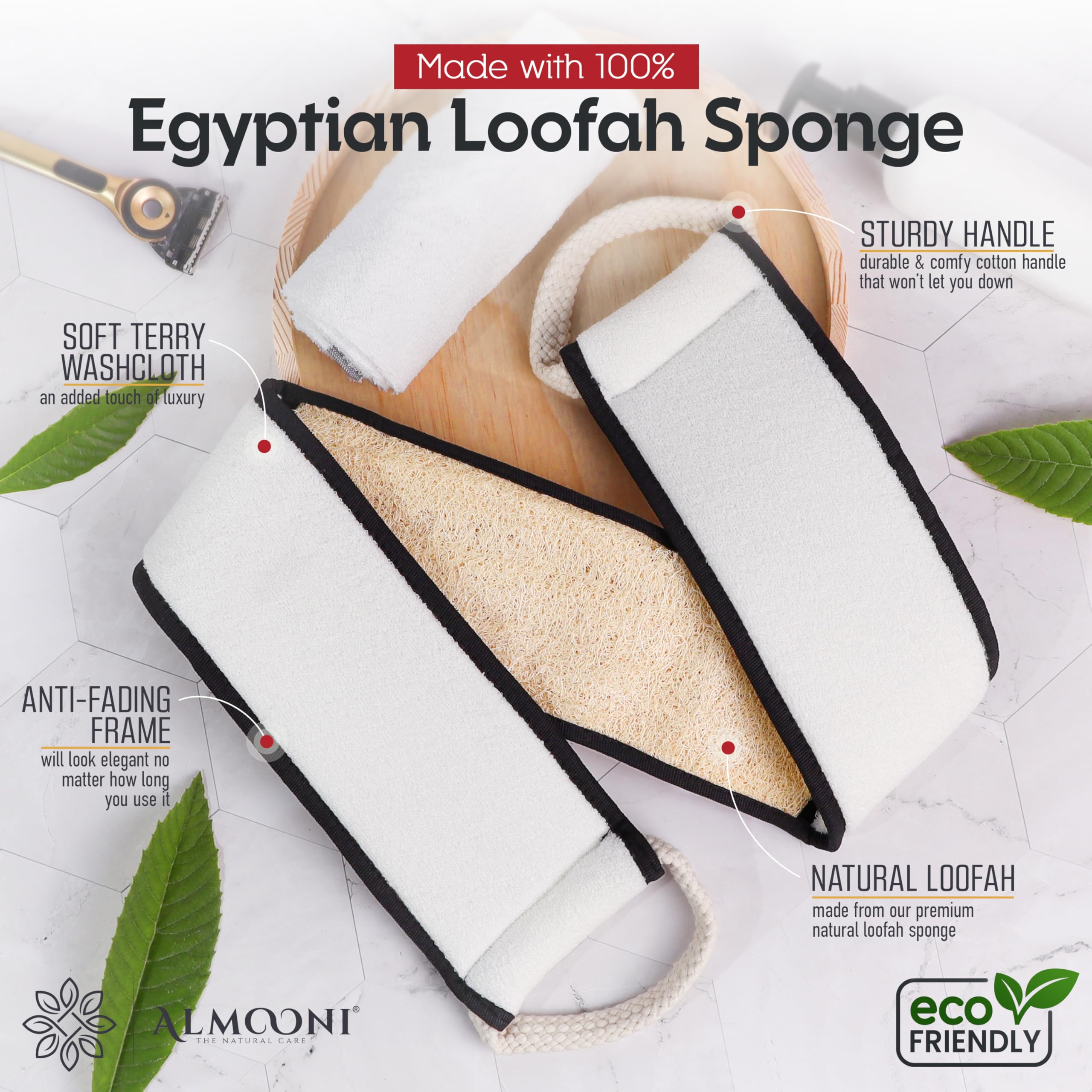ALMOONI loofah back scrubber bendable loofah contours for thorough exfoliation.