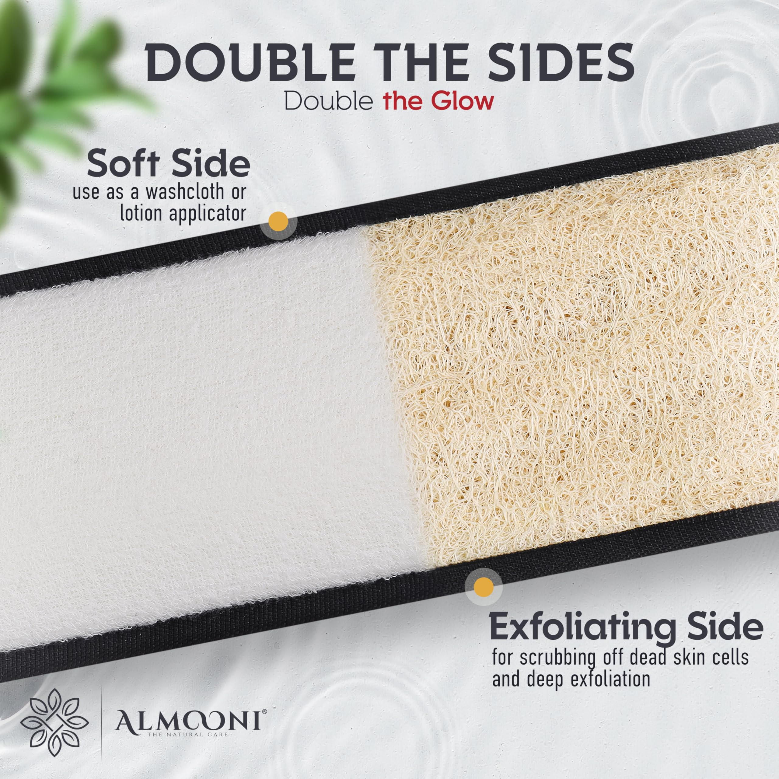 ALMOONI loofah back scrubber in use for broad back coverage.