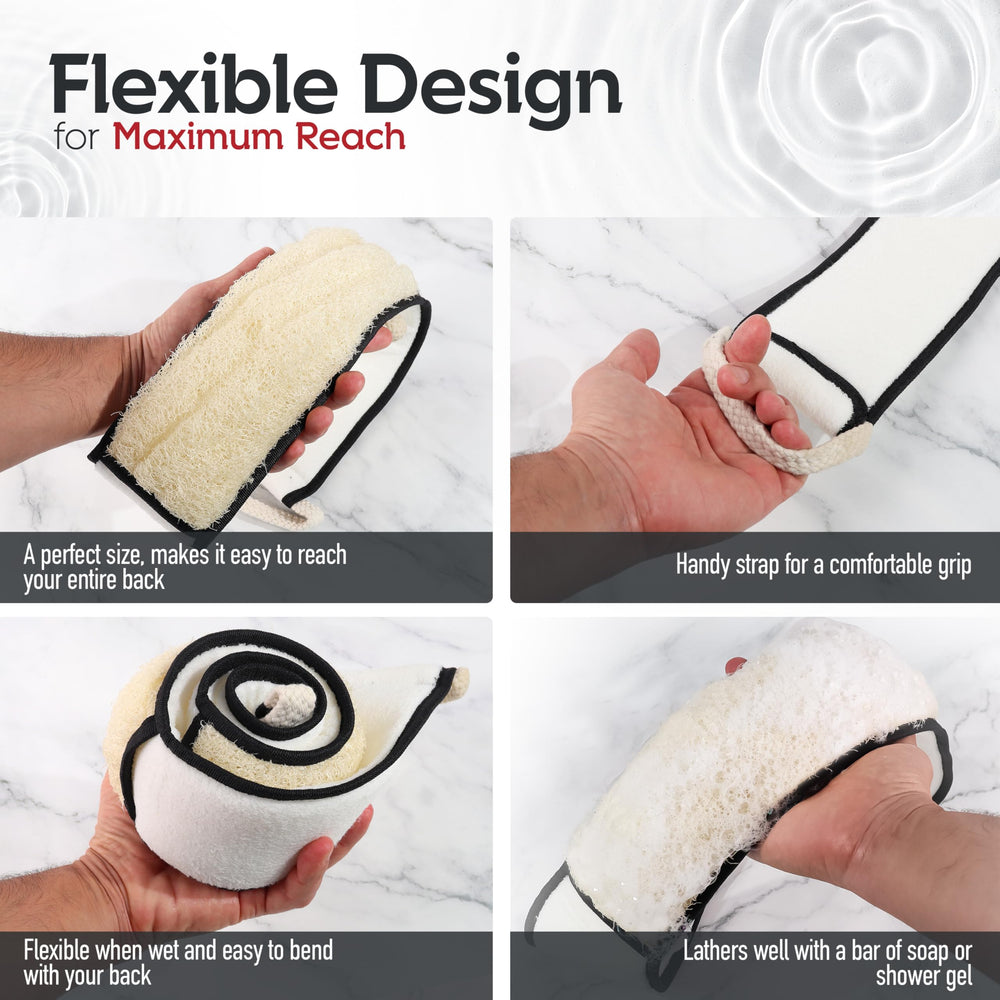 ALMOONI sturdy cotton handle provides comfortable grip during back cleansing.