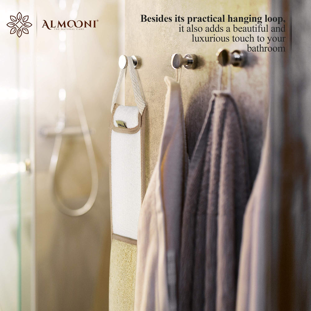 ALMOONI back scrubber thick cotton-handle provides sturdy grip.