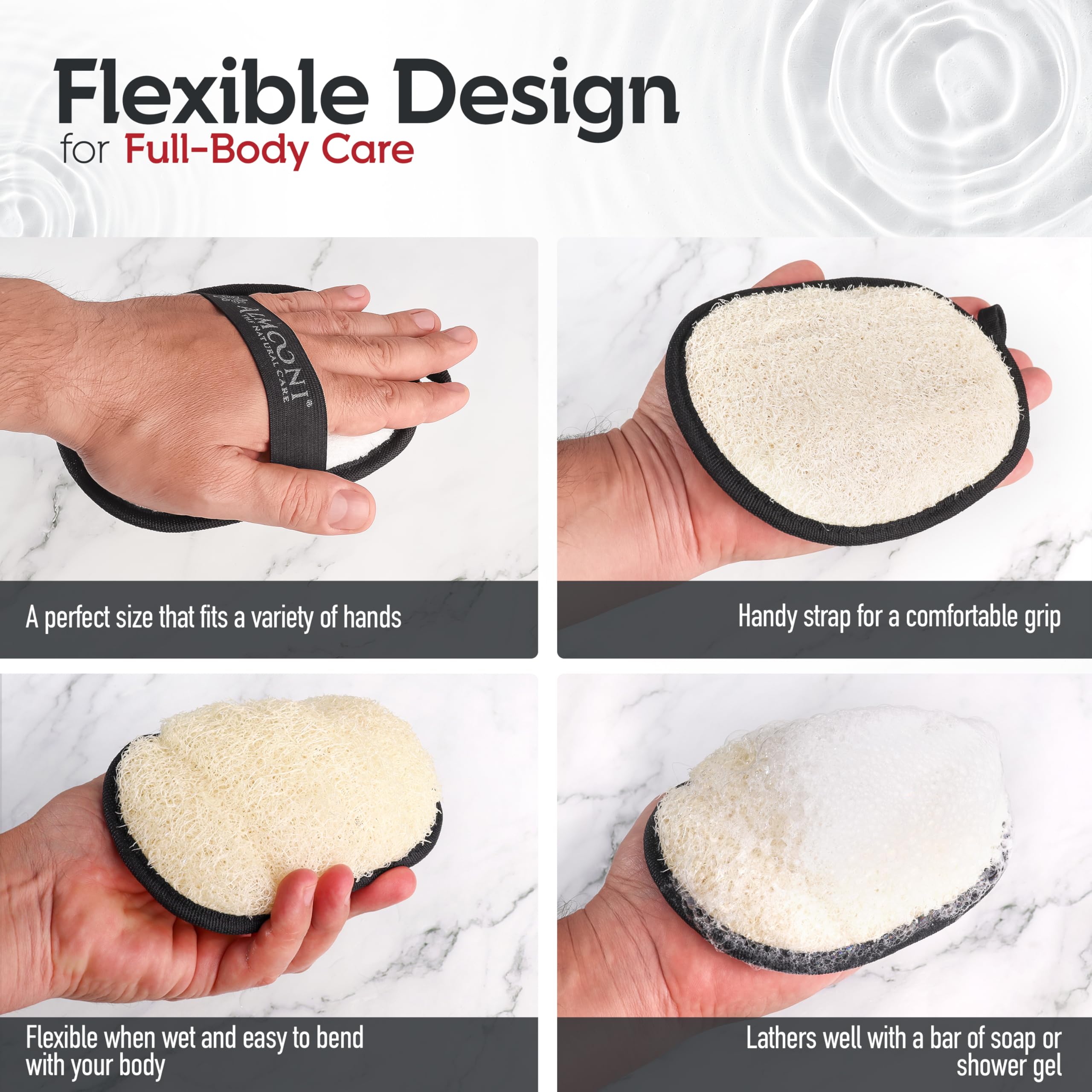 ALMOONI body scrubber with natural luffa for effective exfoliation.