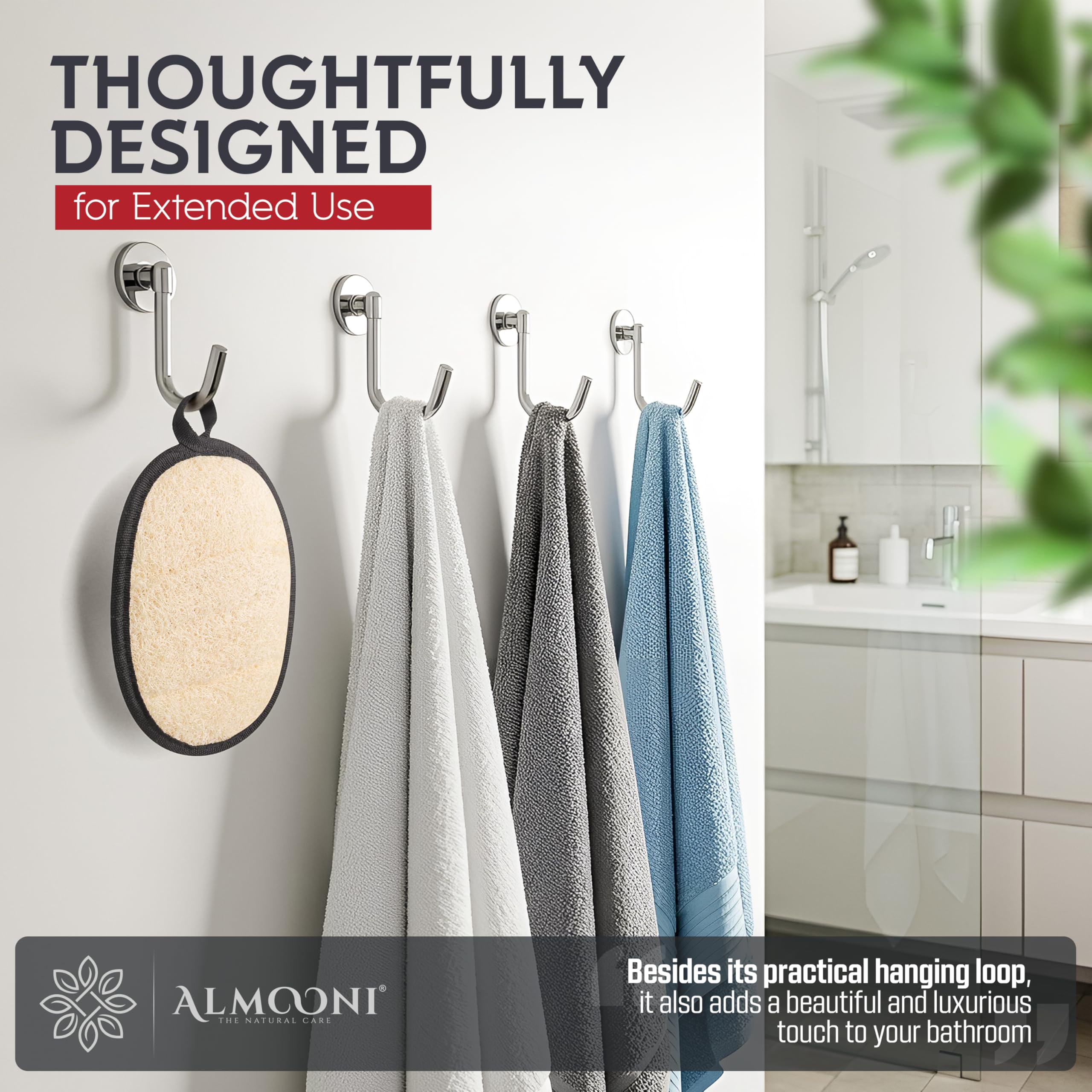 ALMOONI compact loofah size offers broad coverage and secure grip.