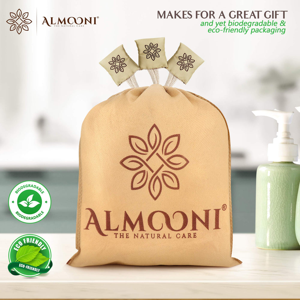 ALMOONI natural, dye-free loofah highlighting eco-friendly skincare routine