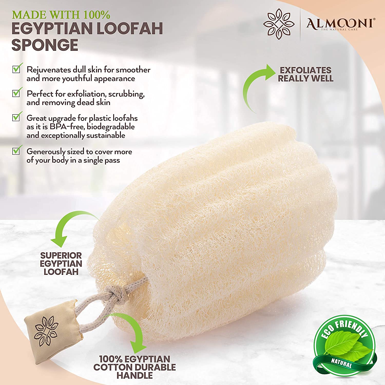 ALMOONI Egyptian loofah sponge close-up fibers reveal natural exfoliation texture for skin.