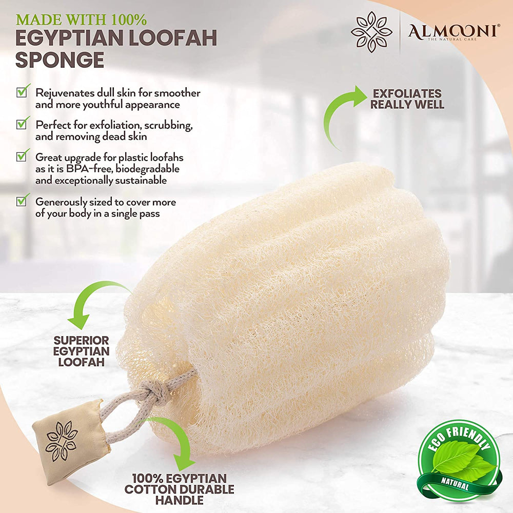 ALMOONI Egyptian loofah sponge close-up fibers reveal natural exfoliation texture for skin.