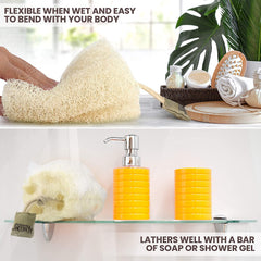ALMOONI loofah sponge in wet use shows rich lather during shower.