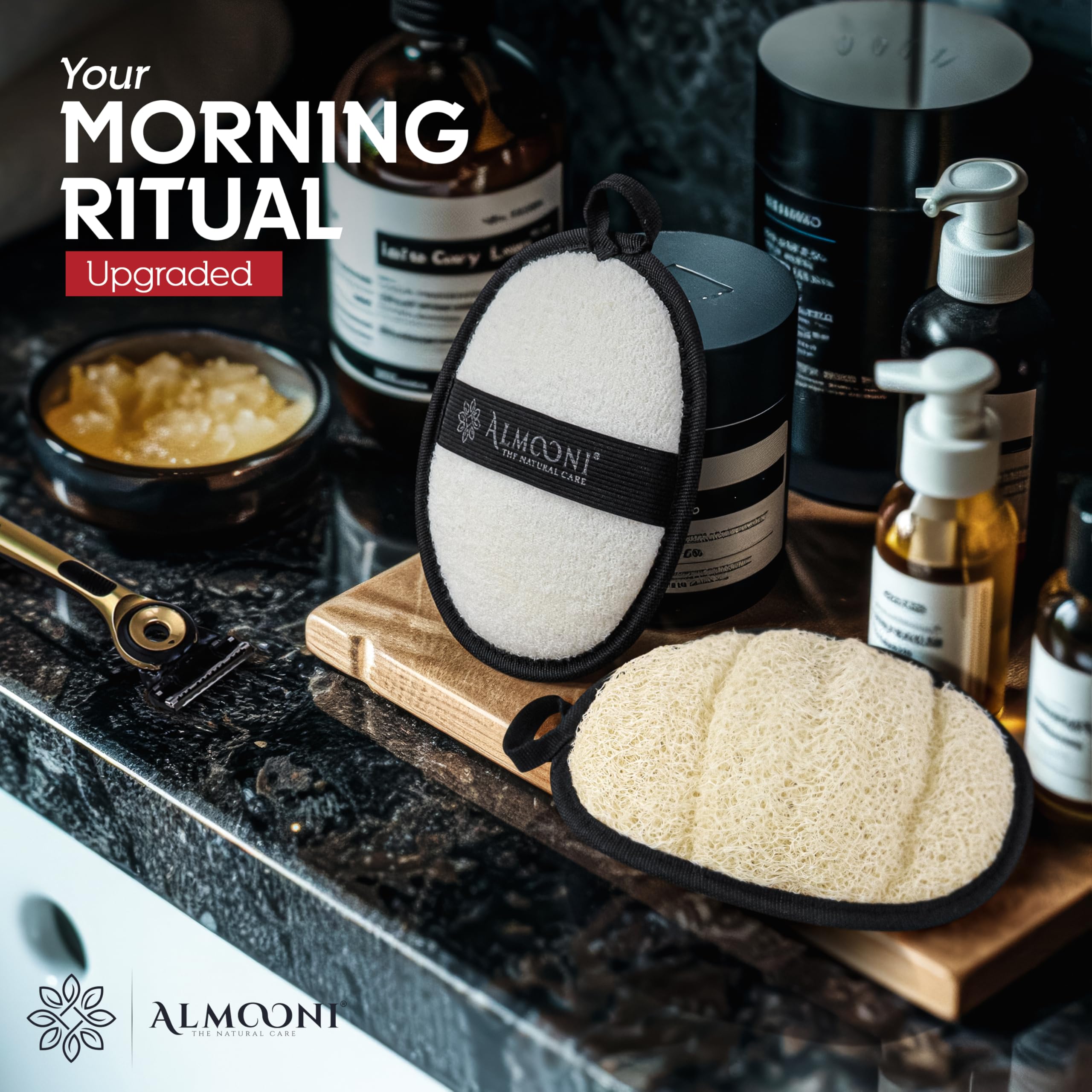 ALMOONI exfoliating loofah targets shoulders elbows and feet for refreshed skin.