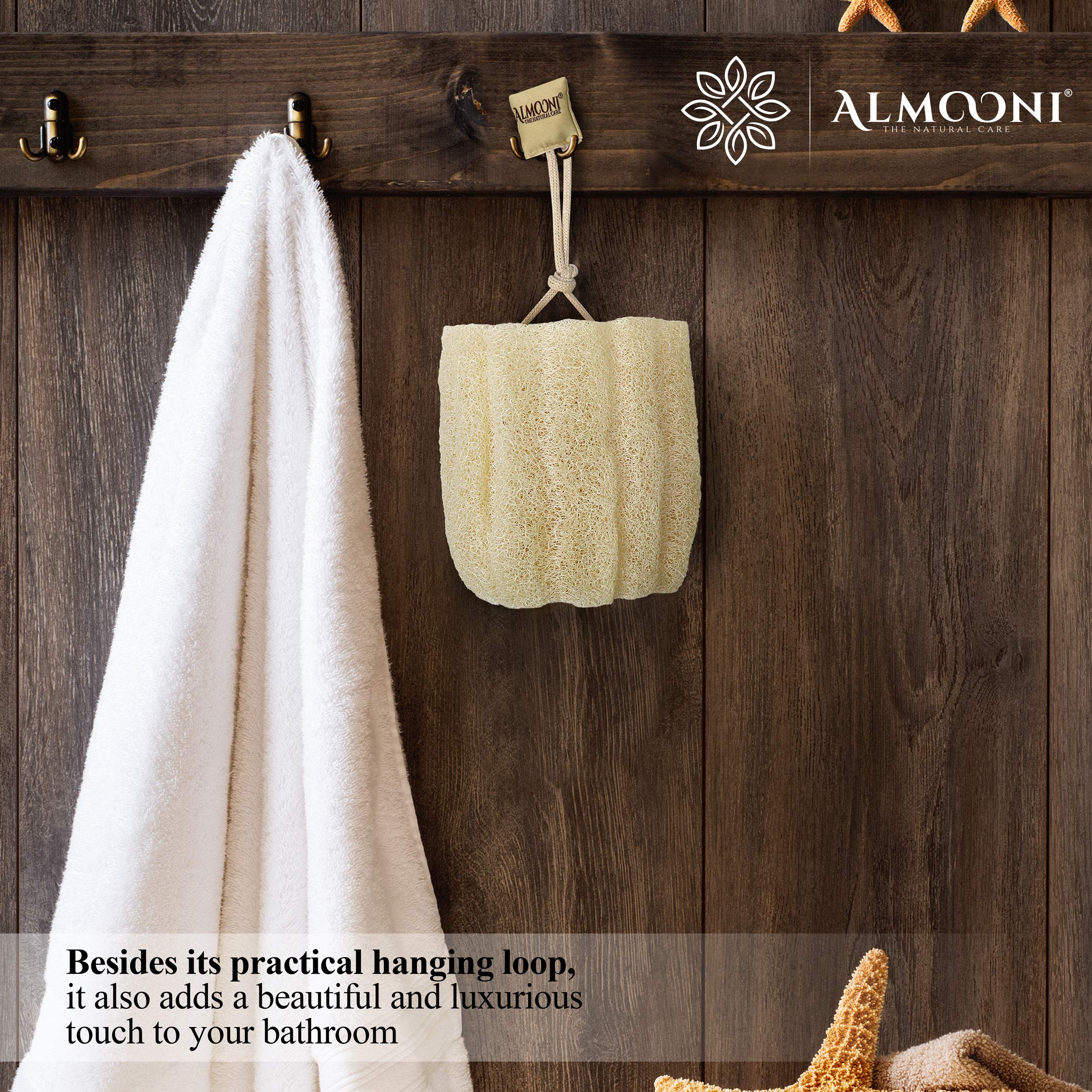 ALMOONI loofah sponge used on face for gentle exfoliation