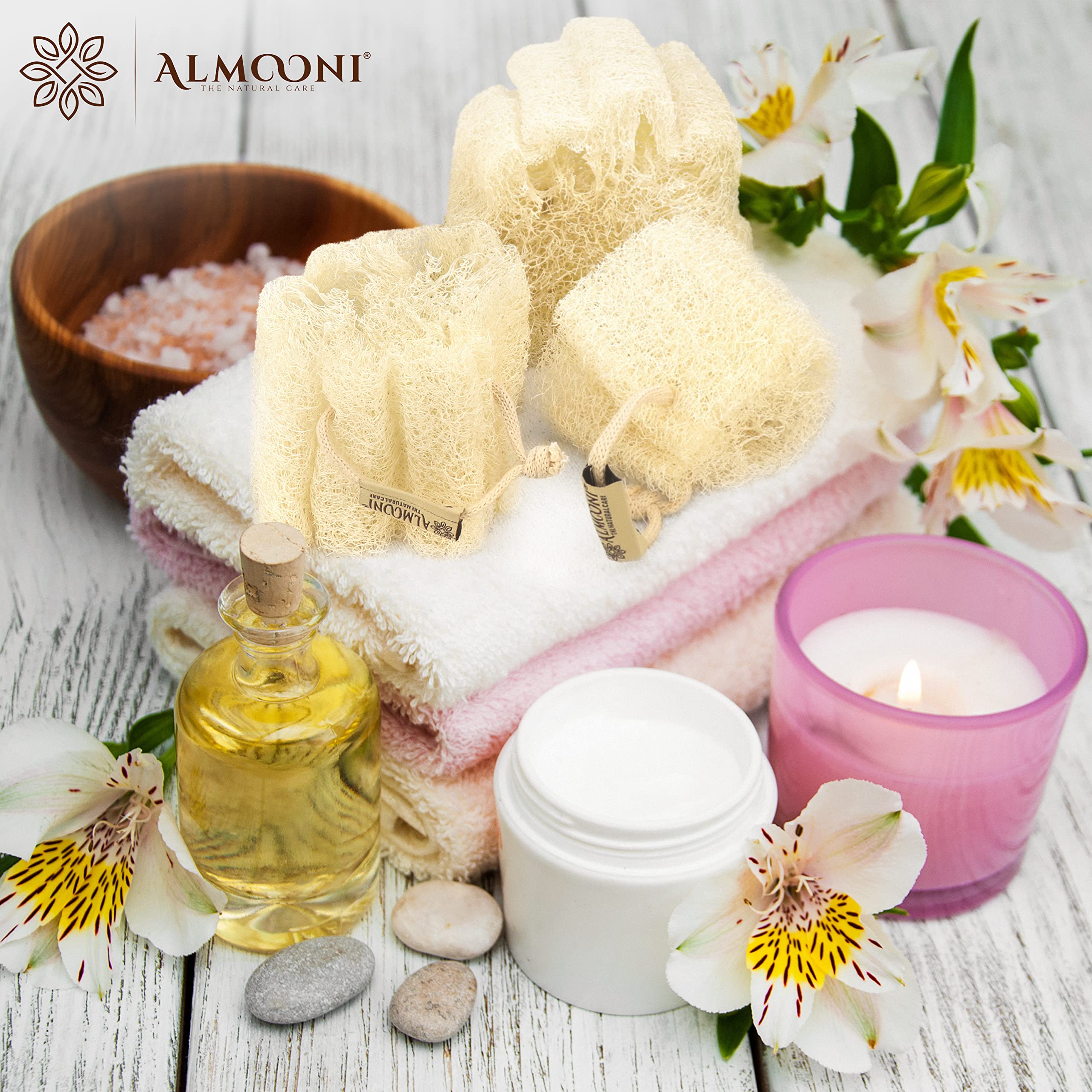 ALMOONI gift-packaging loofah set, ready for gifting and relaxing at home.