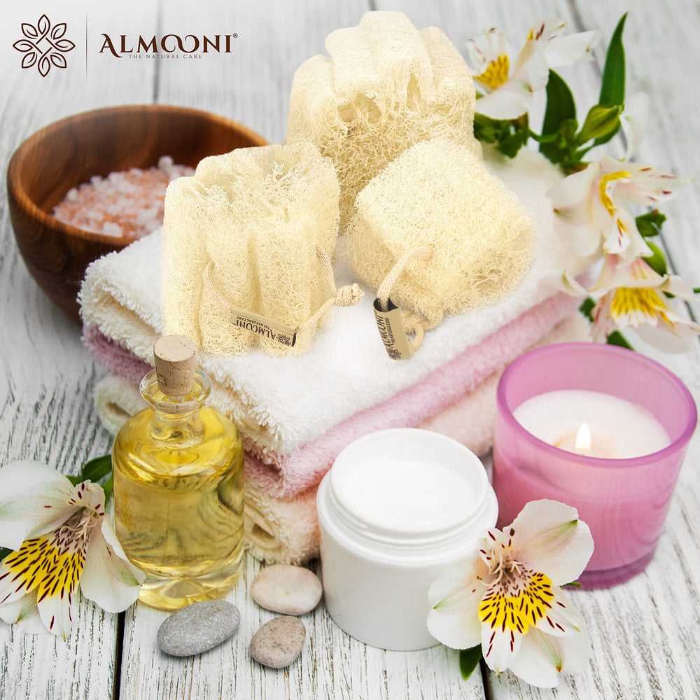 ALMOONI gift-packaging loofah set, ready for gifting and relaxing at home.