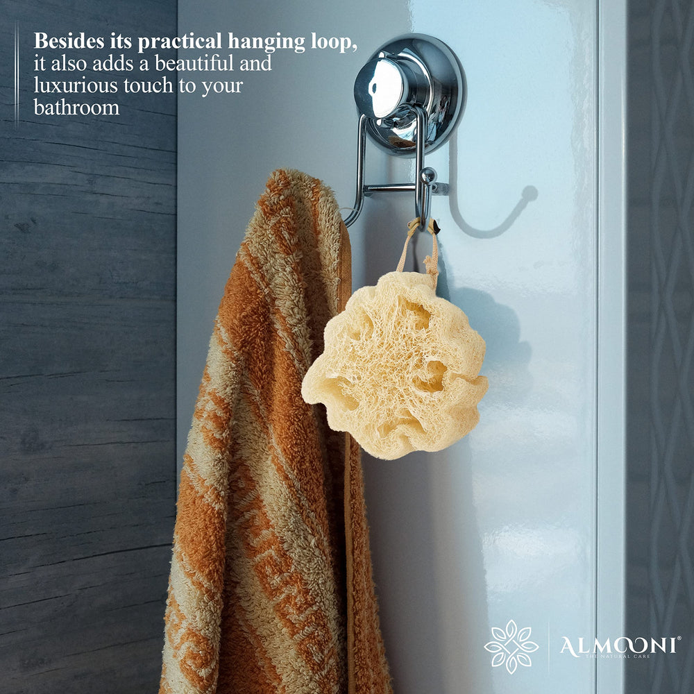 ALMOONI hypoallergenic dyes-free loofah for gentle, skin-friendly exfoliation.