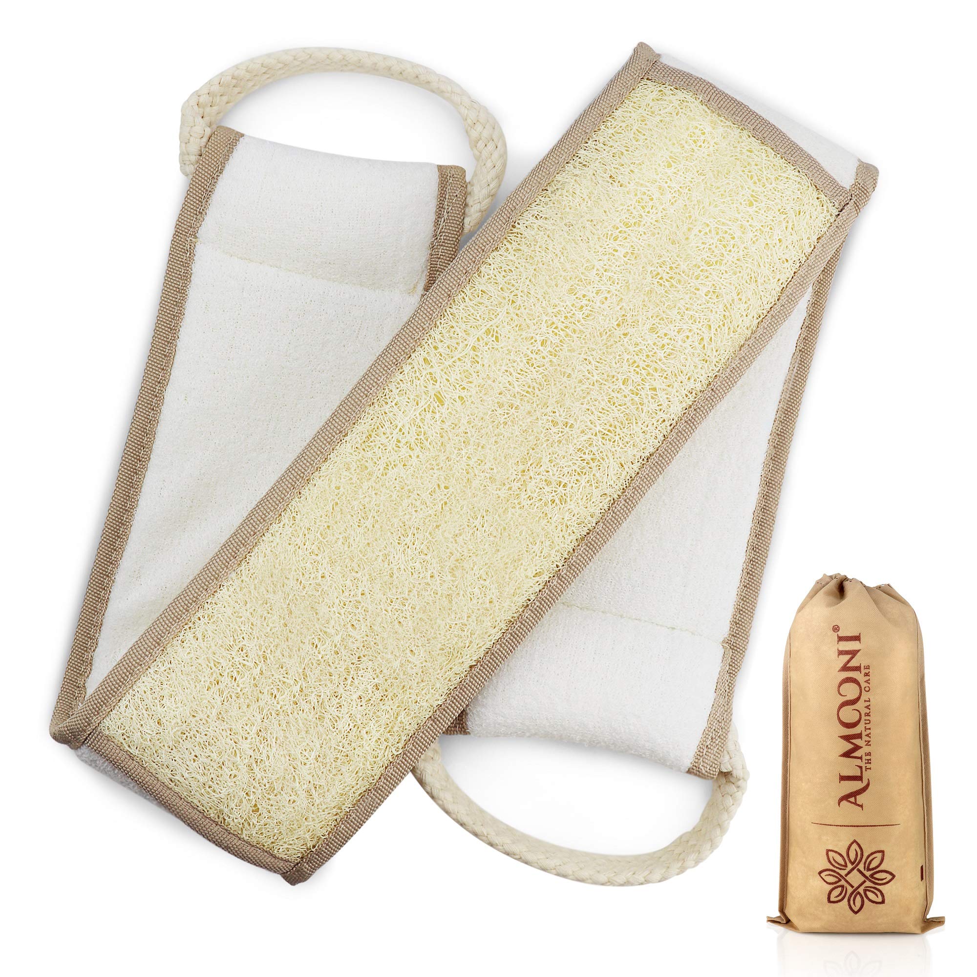 ALMOONI loofah back scrubber extended-handle eases back cleansing.