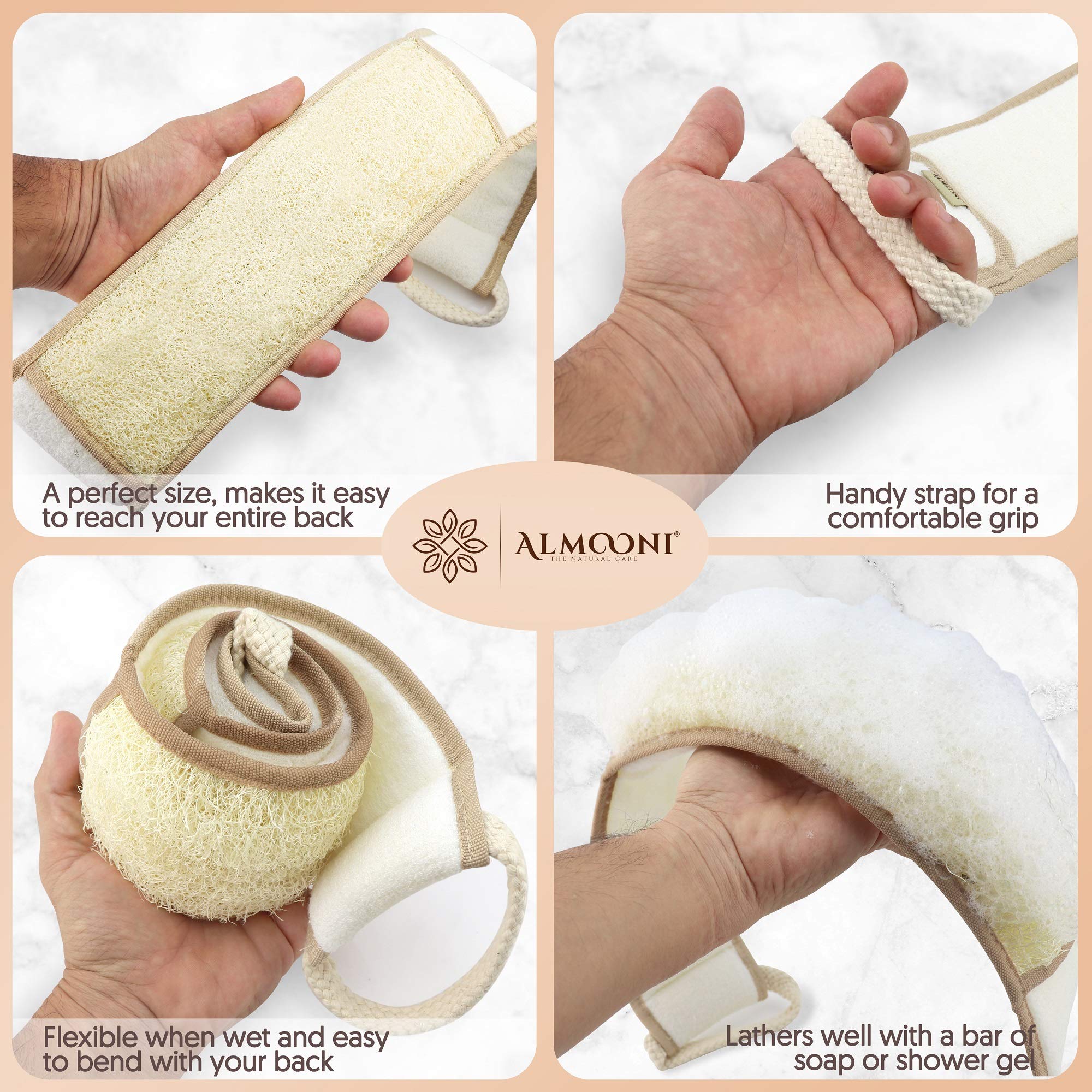 ALMOONI loofah back scrubber soft-terry-cloth sides remove oils and dirt.