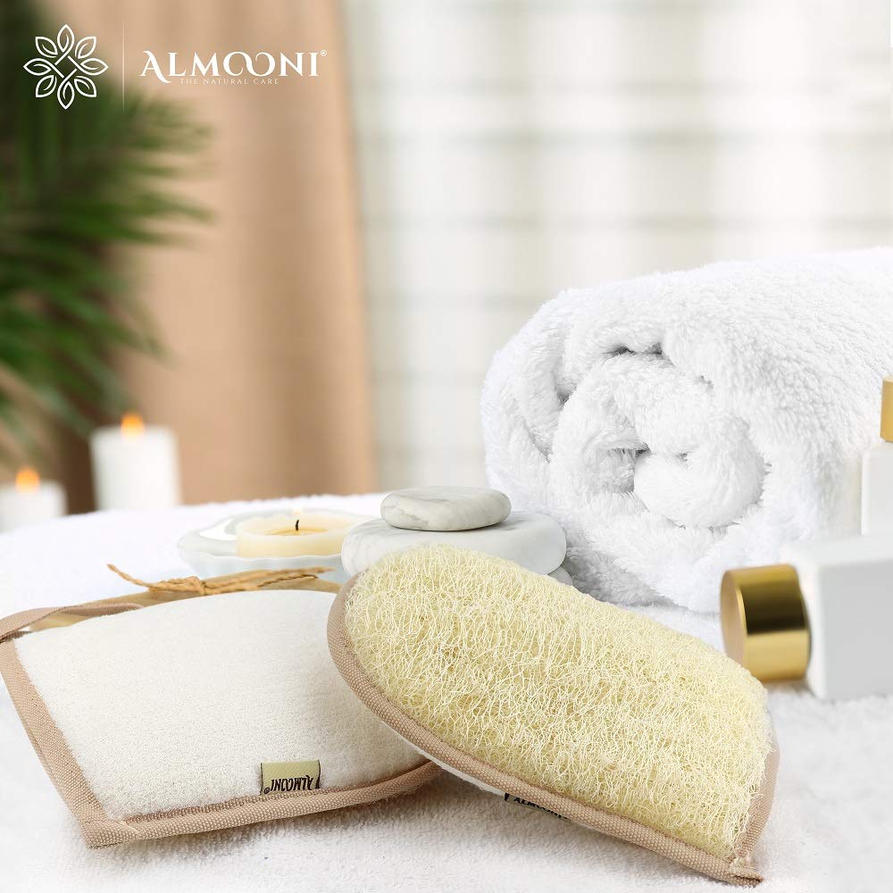 ALMOONI loofah glove biodegradable packaging highlights eco-friendly gifting.