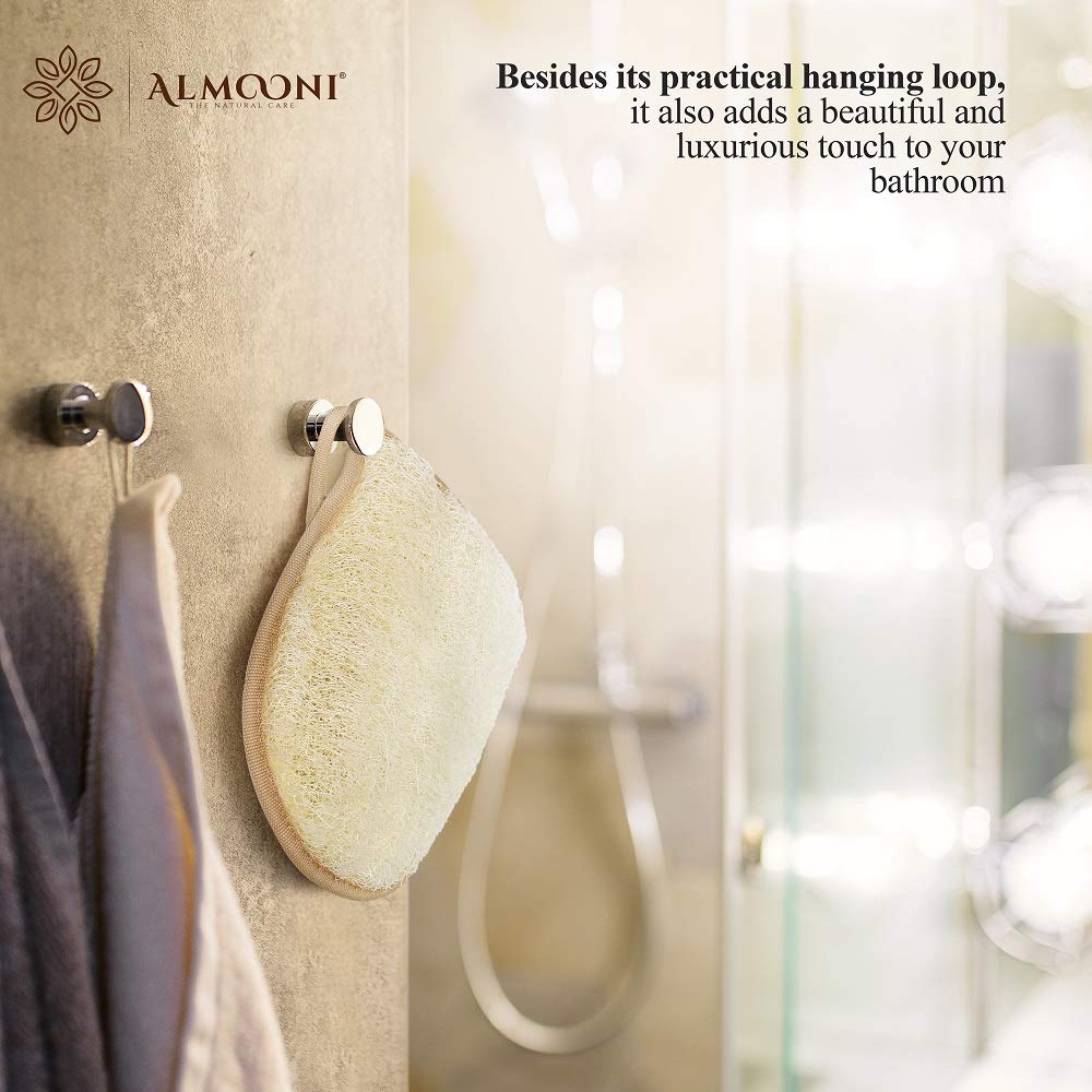 ALMOONI loofah glove drawstring pouch ready for gift packaging.