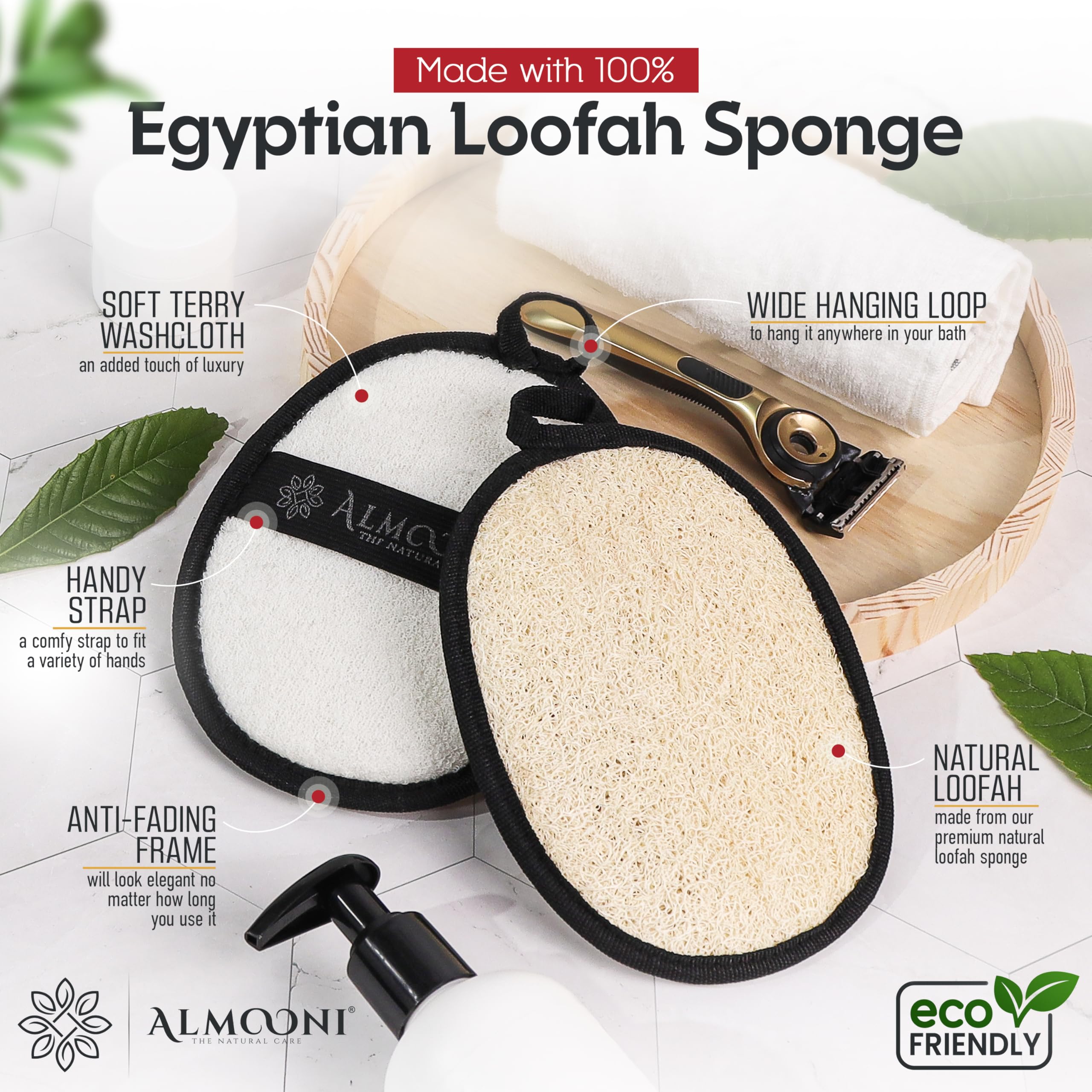ALMOONI loofah with elastic strap provides a secure grip in wet showers.