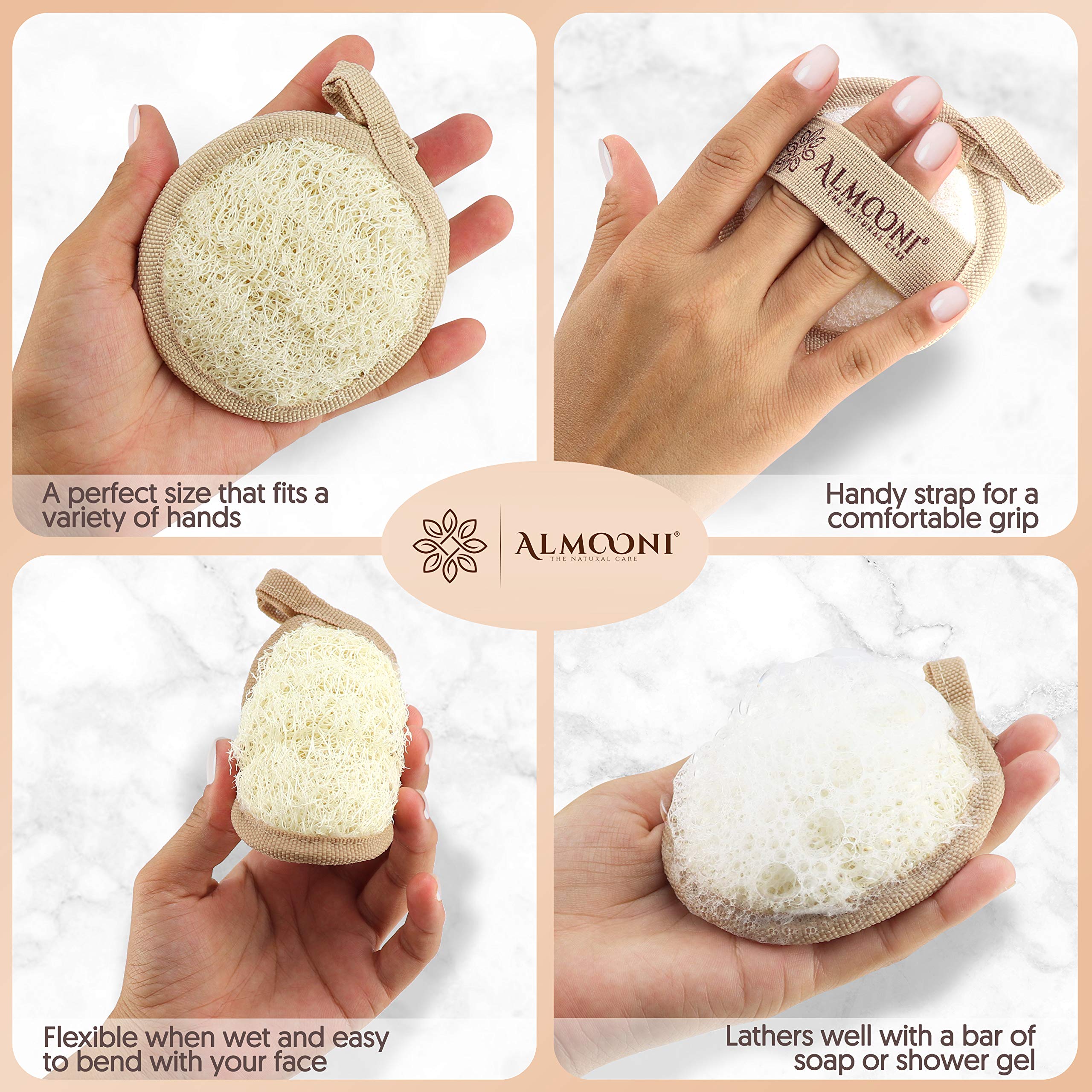ALMOONI loofah exfoliating texture close-up shows gentle scrub