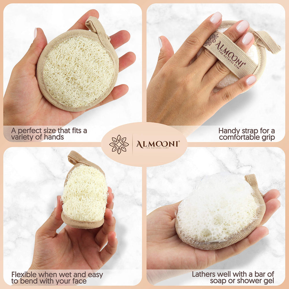 ALMOONI loofah exfoliating texture close-up shows gentle scrub