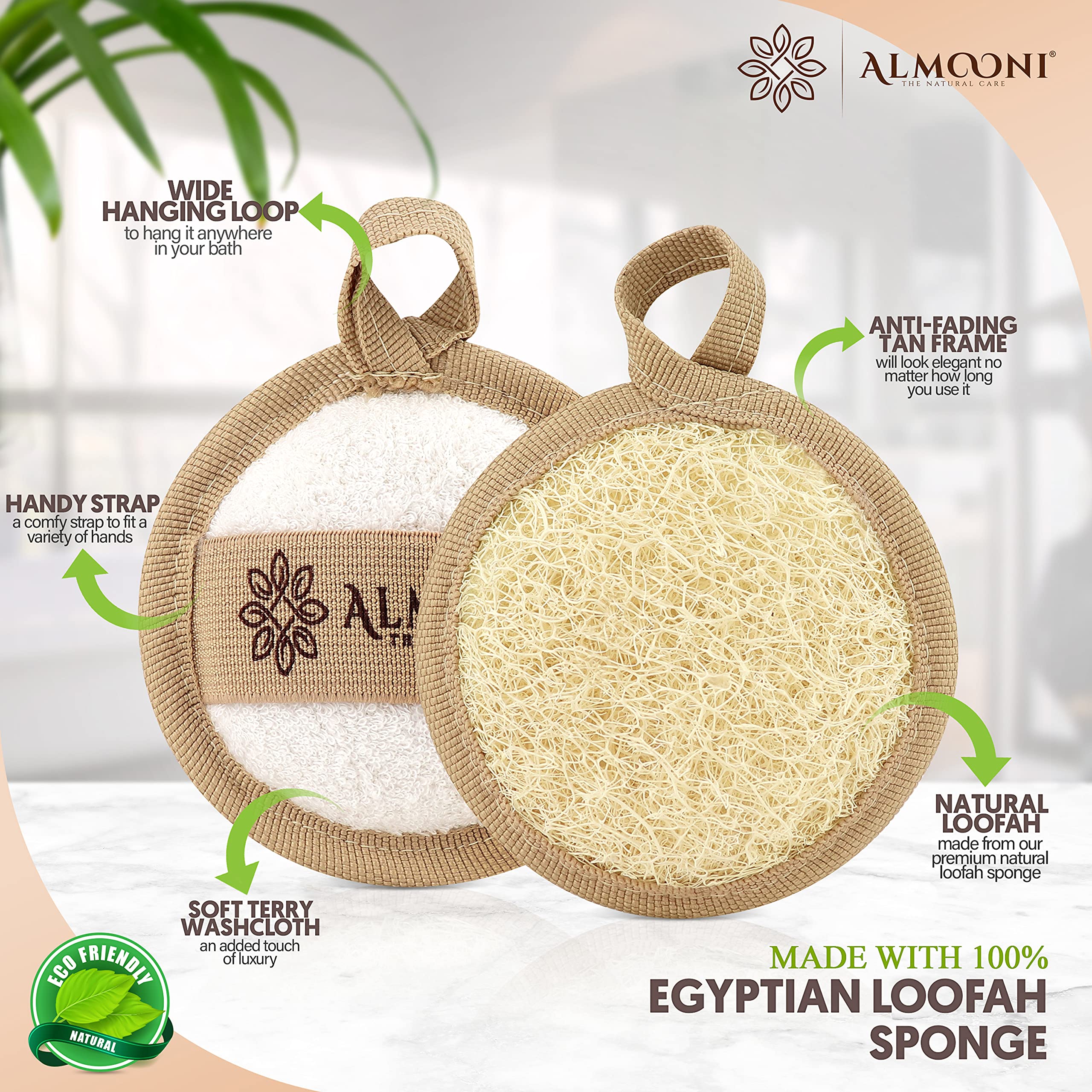 ALMOONI loofah face scrubber with hand strap for easy cleansing