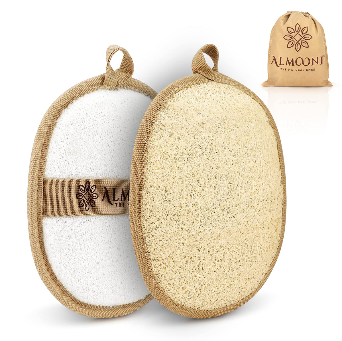 ALMOONI loofah front view highlights natural exfoliation for refreshed skin.