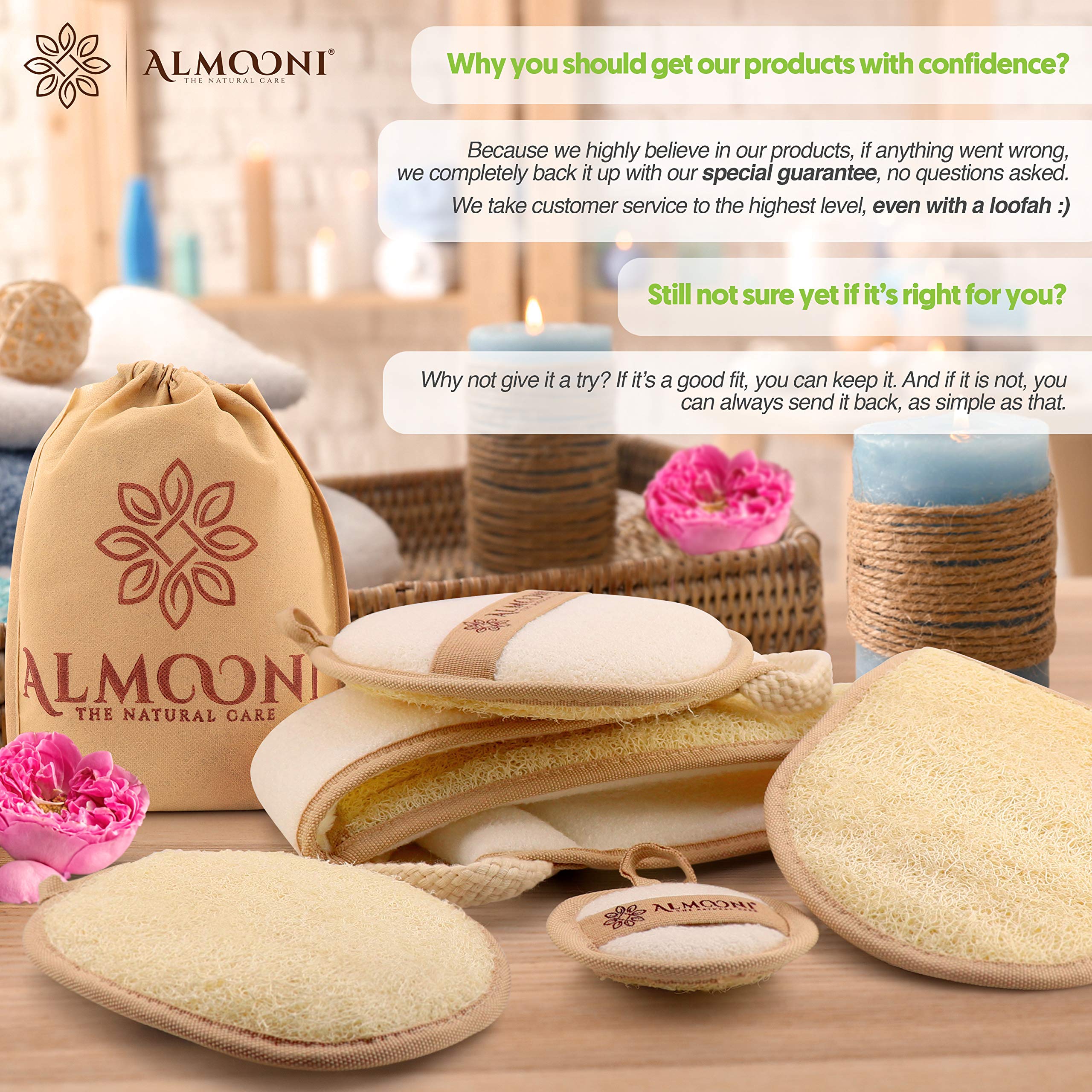 ALMOONI loofah gift drawstring pouch highlights presentable, eco-friendly packaging.