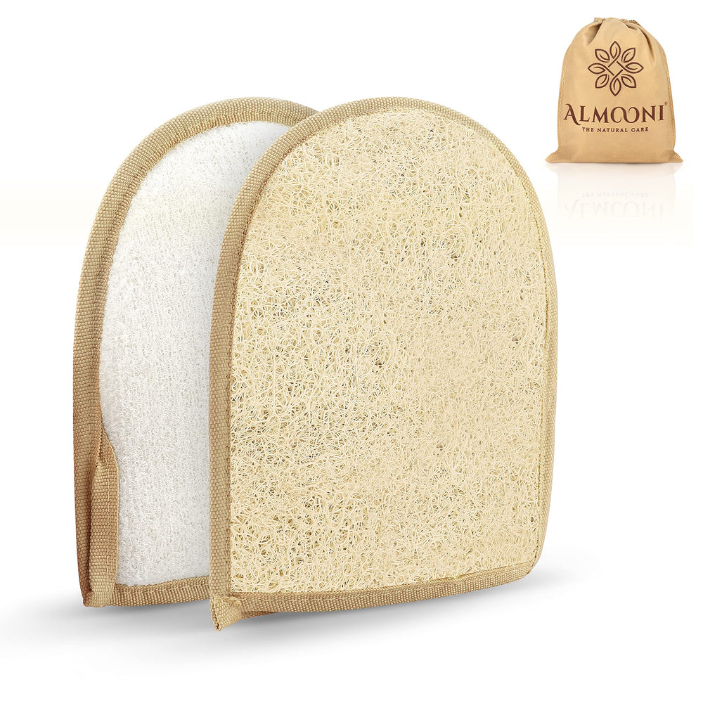 ALMOONI loofah glove front view demonstrates premium exfoliation for smoother skin.