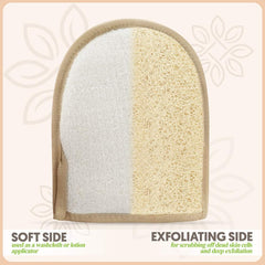 ALMOONI loofah glove hand-fit design emphasizes easy slip-on use.
