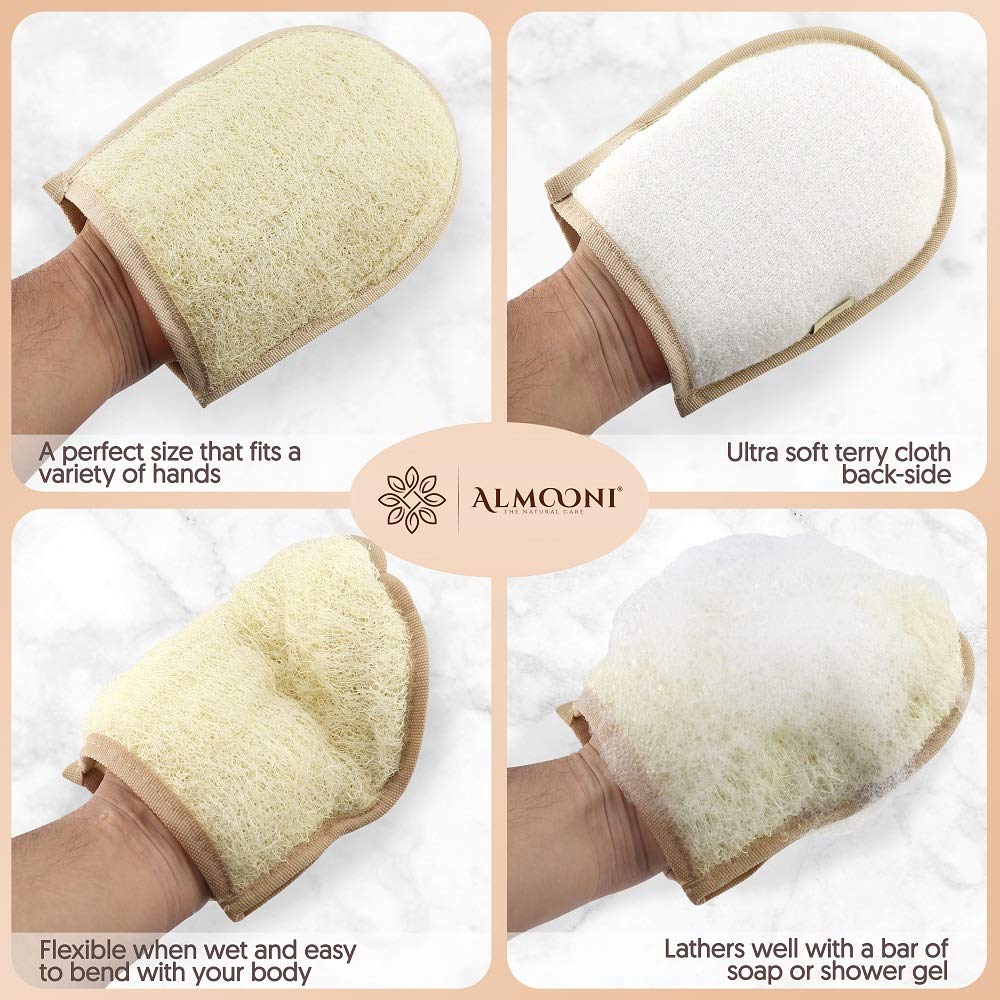 ALMOONI loofah glove reverse terry cloth shows oil removal and cleansing prep.