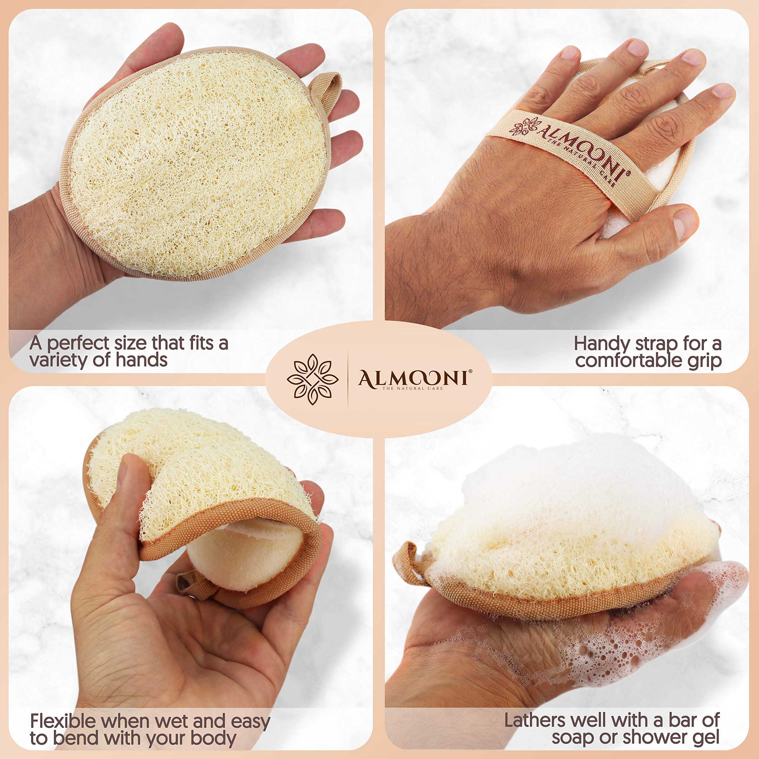 ALMOONI loofah hanging loop showcases quick-dry, easy storage design.