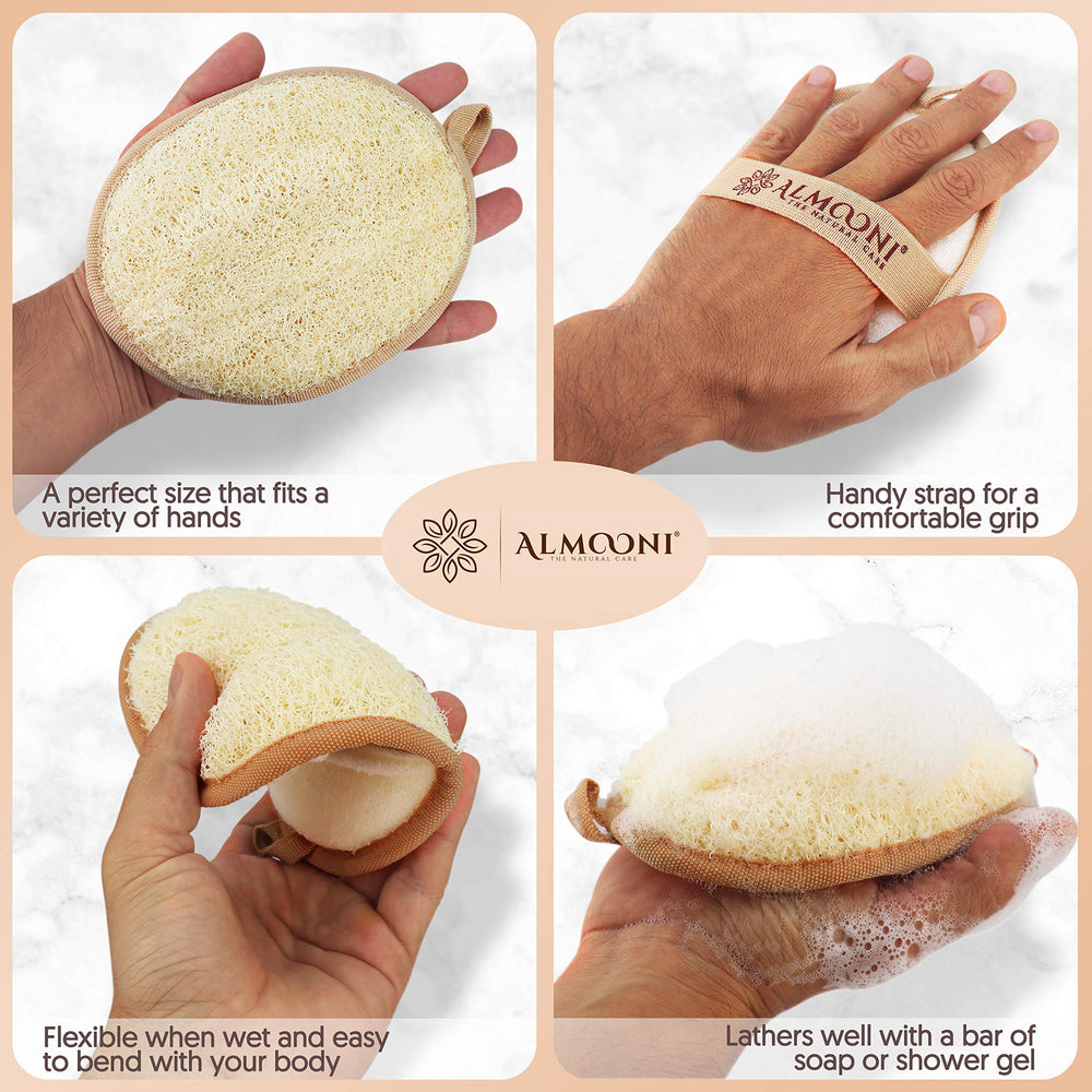 ALMOONI loofah hanging loop showcases quick-dry, easy storage design.