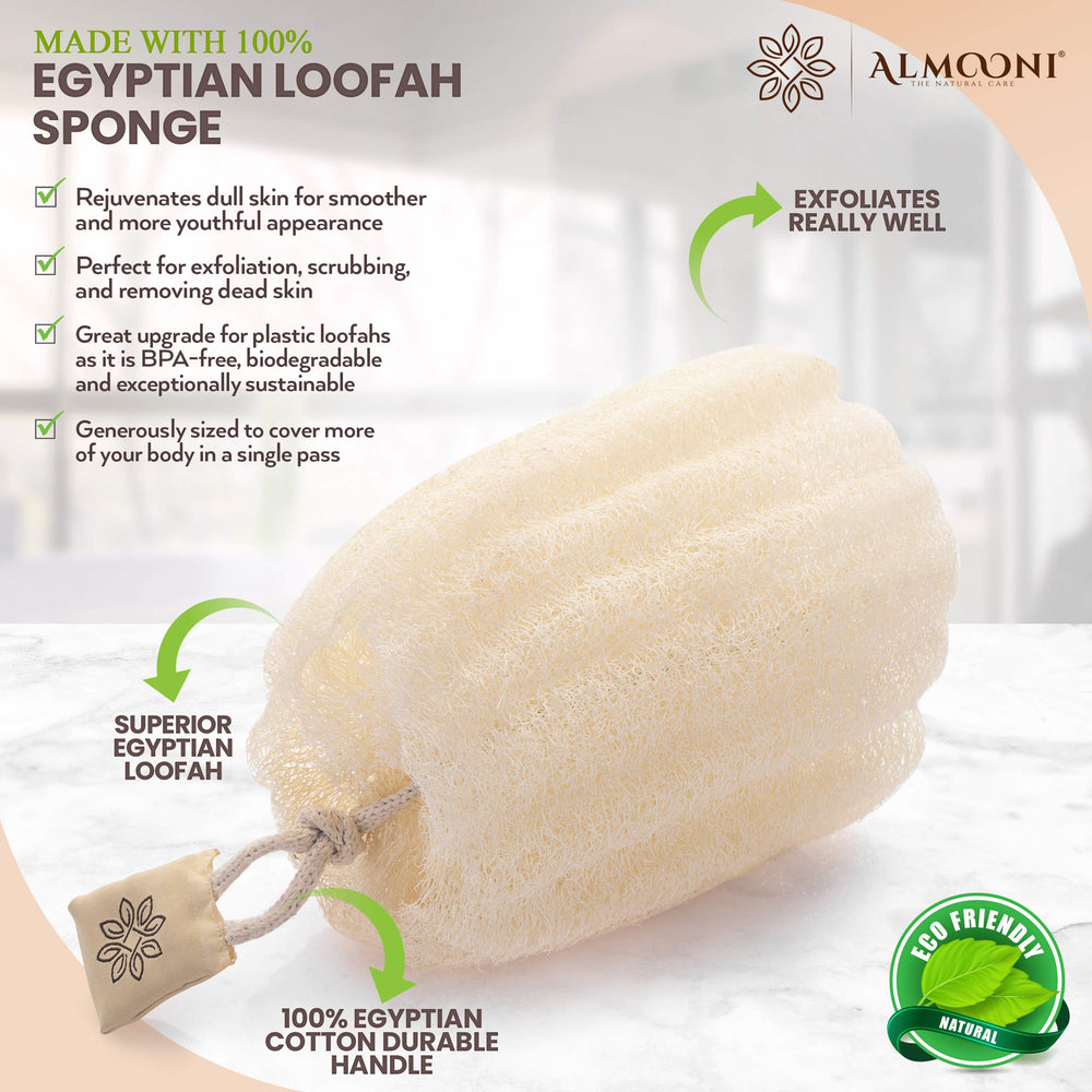 ALMOONI loofah sponge natural fibers close-up showing exfoliating texture.