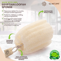 ALMOONI loofah sponge natural fibers close-up showing exfoliating texture.