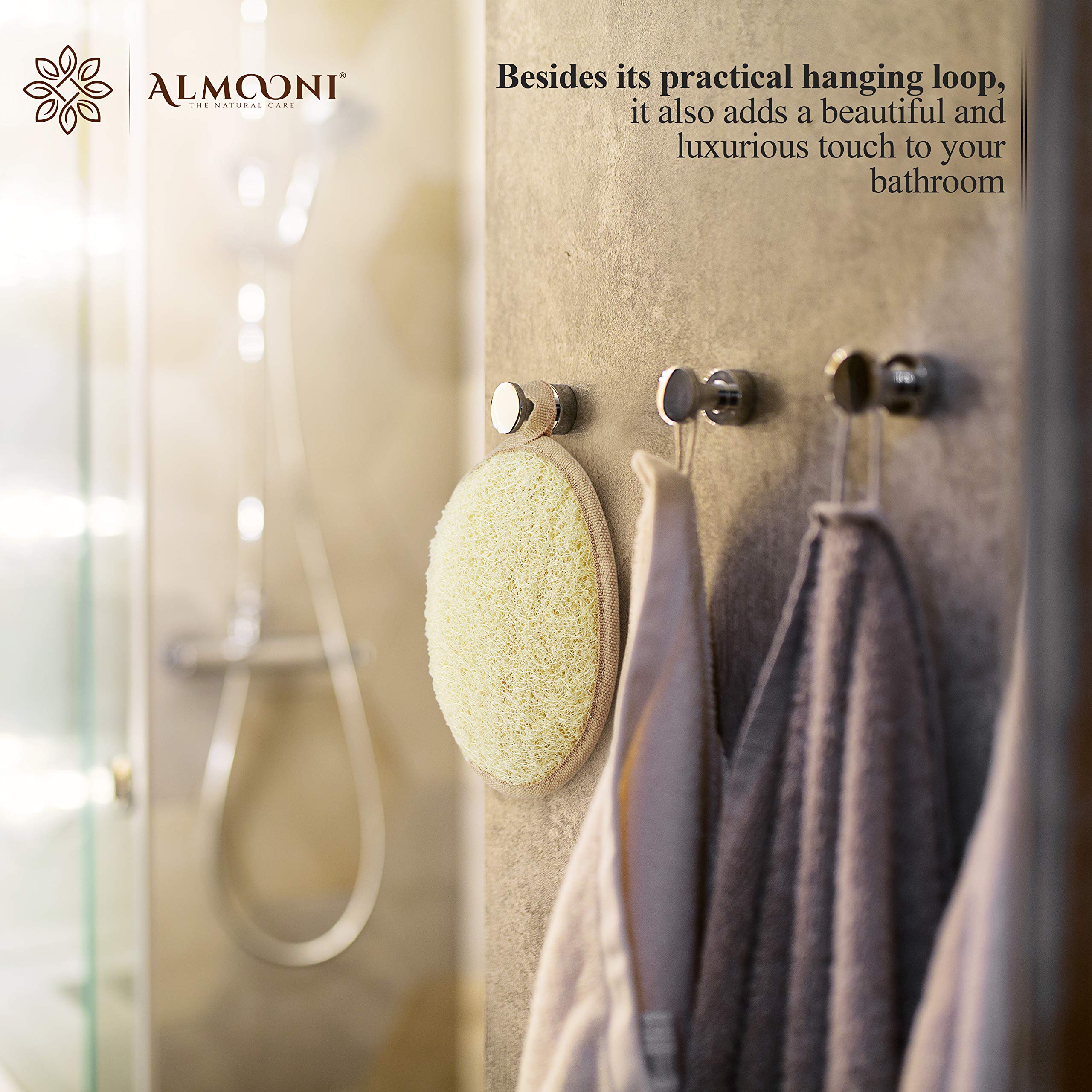 ALMOONI loofah strapped-use shows easy grip for targeted body scrubbing.