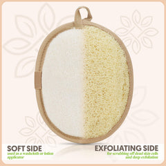 ALMOONI loofah terry cloth back demonstrates oil and debris removal between scrubs.