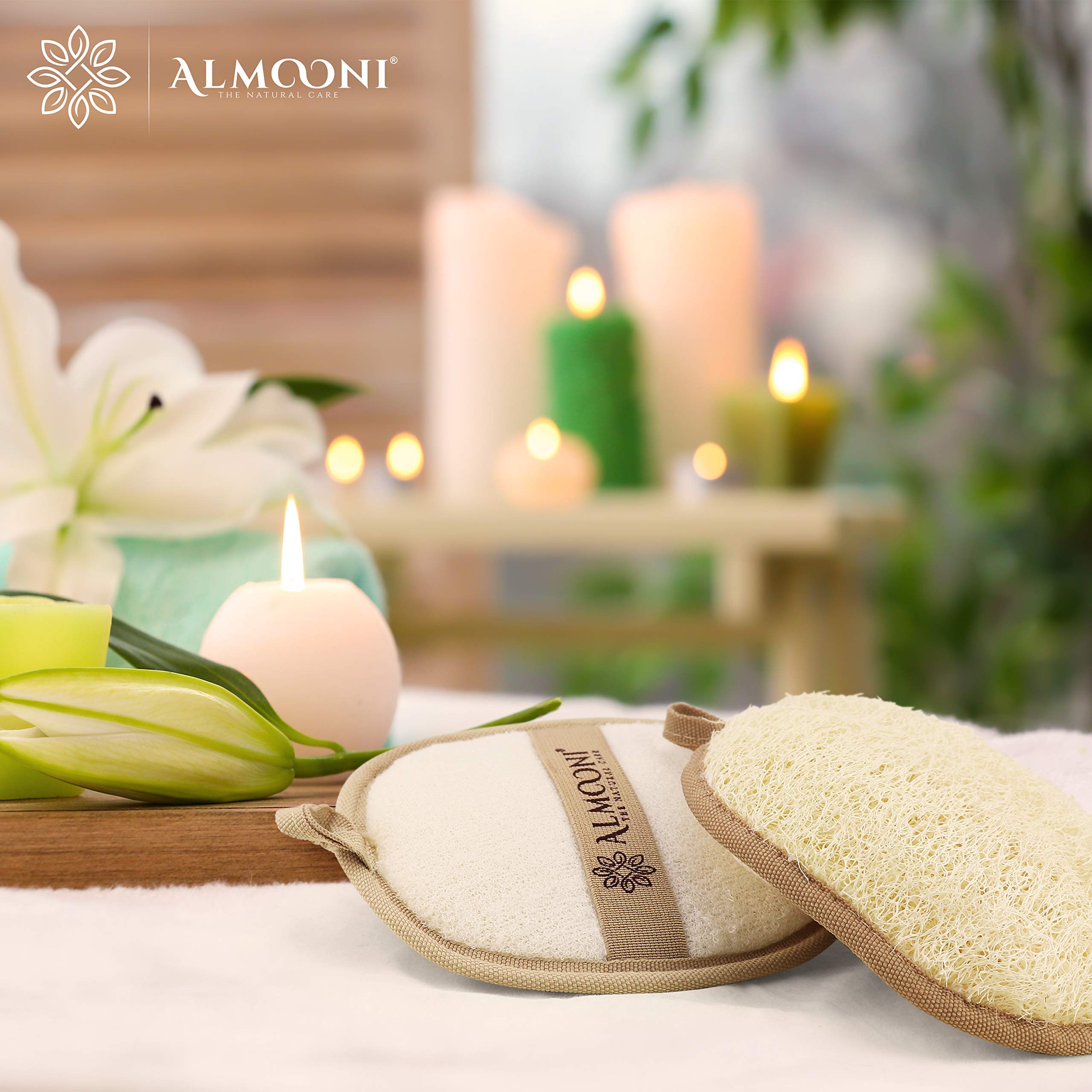 ALMOONI loofah two-count pack offers value for sharing or gifting.