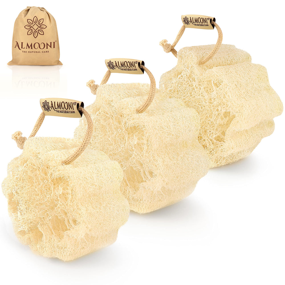 ALMOONI mini natural loofah sponge with real Egyptian exfoliation for gentle shower cleansing.