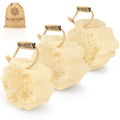 ALMOONI mini natural loofah sponge with real Egyptian exfoliation for gentle shower cleansing.