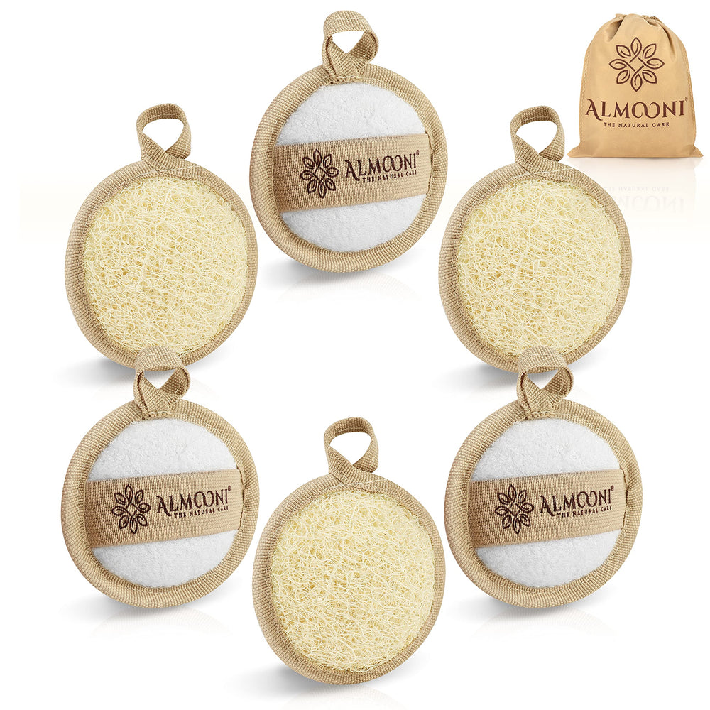 ALMOONI natural loofah face scrubber packaging, eco-friendly gift-ready set